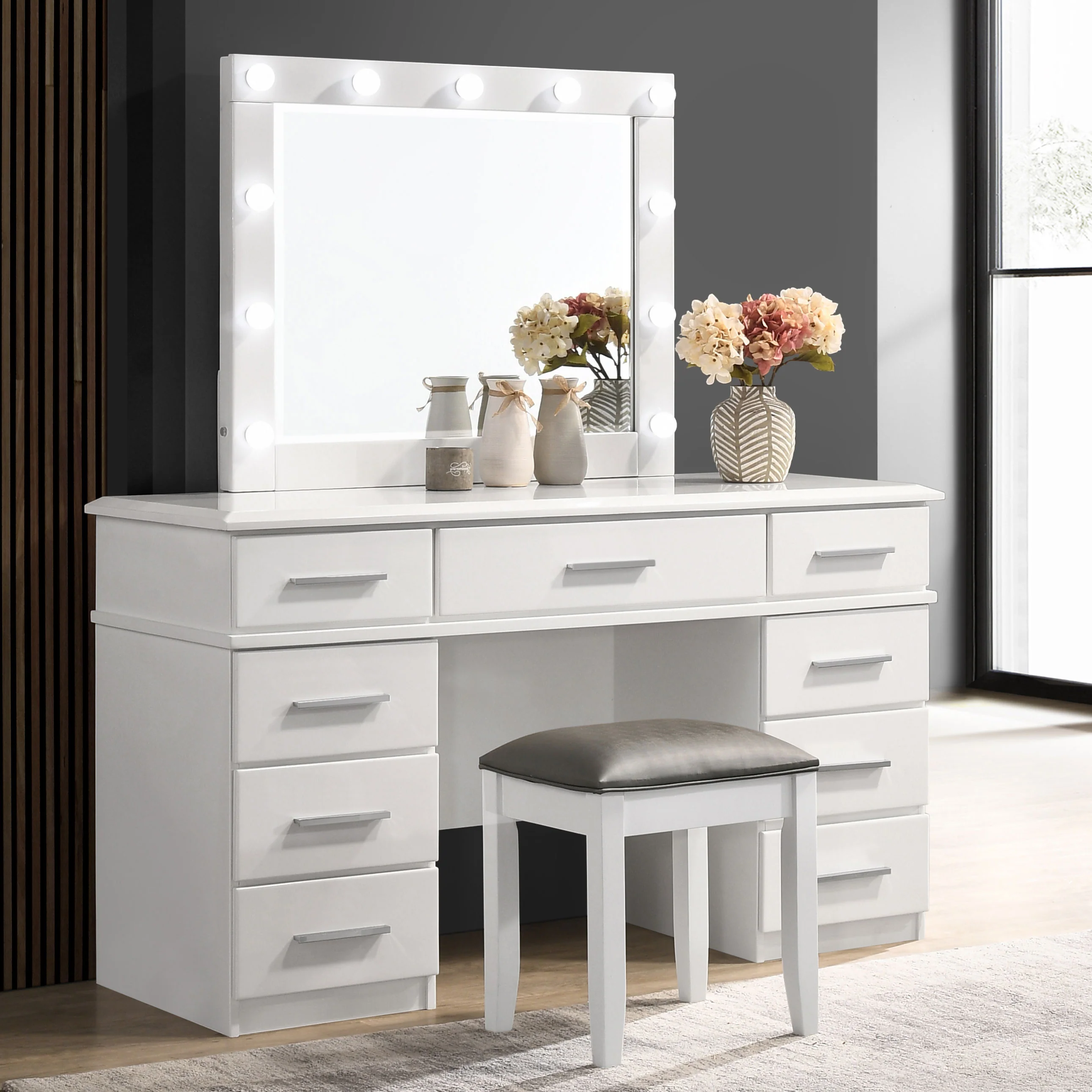 Felicity 9-Drawer Vanity Table with Lighted Mirror, White Gloss - Image 8