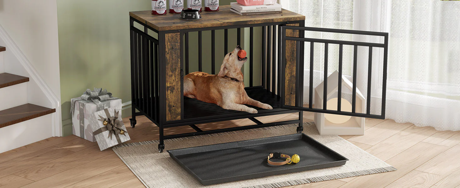 Ferrum 32-39 Inch Rustic Dog Crate End Table with Pull-Out Tray - Image 14