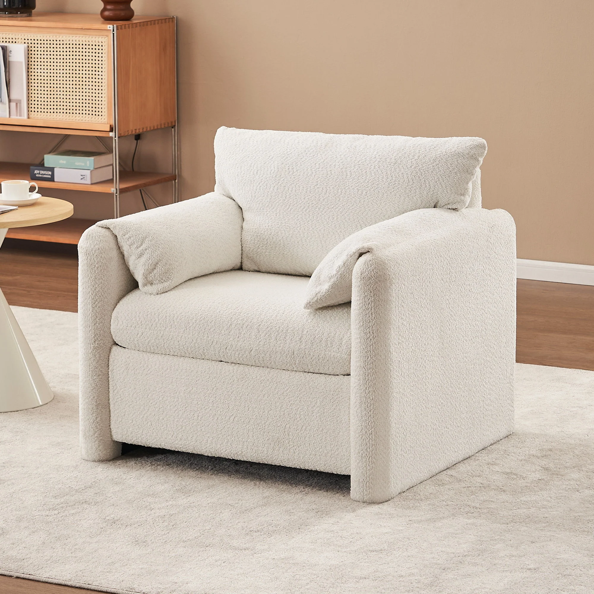Fixed Modern Accent Chair Single Seater Plush Chenille Lounge Chair With High Resilience Cushion - Ivory White - Image 6