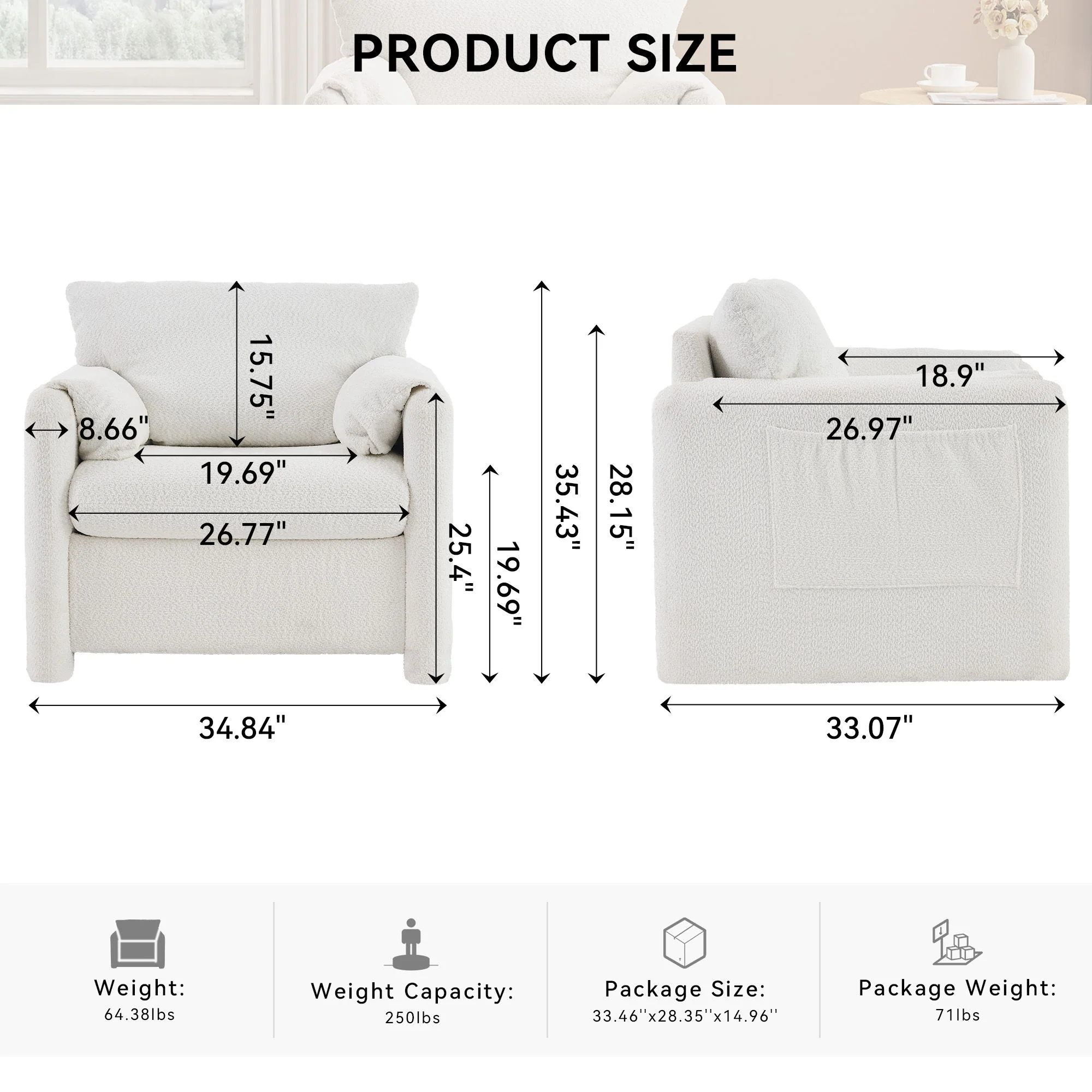 Fixed Modern Accent Chair Single Seater Plush Chenille Lounge Chair With High Resilience Cushion - Ivory White - Image 8