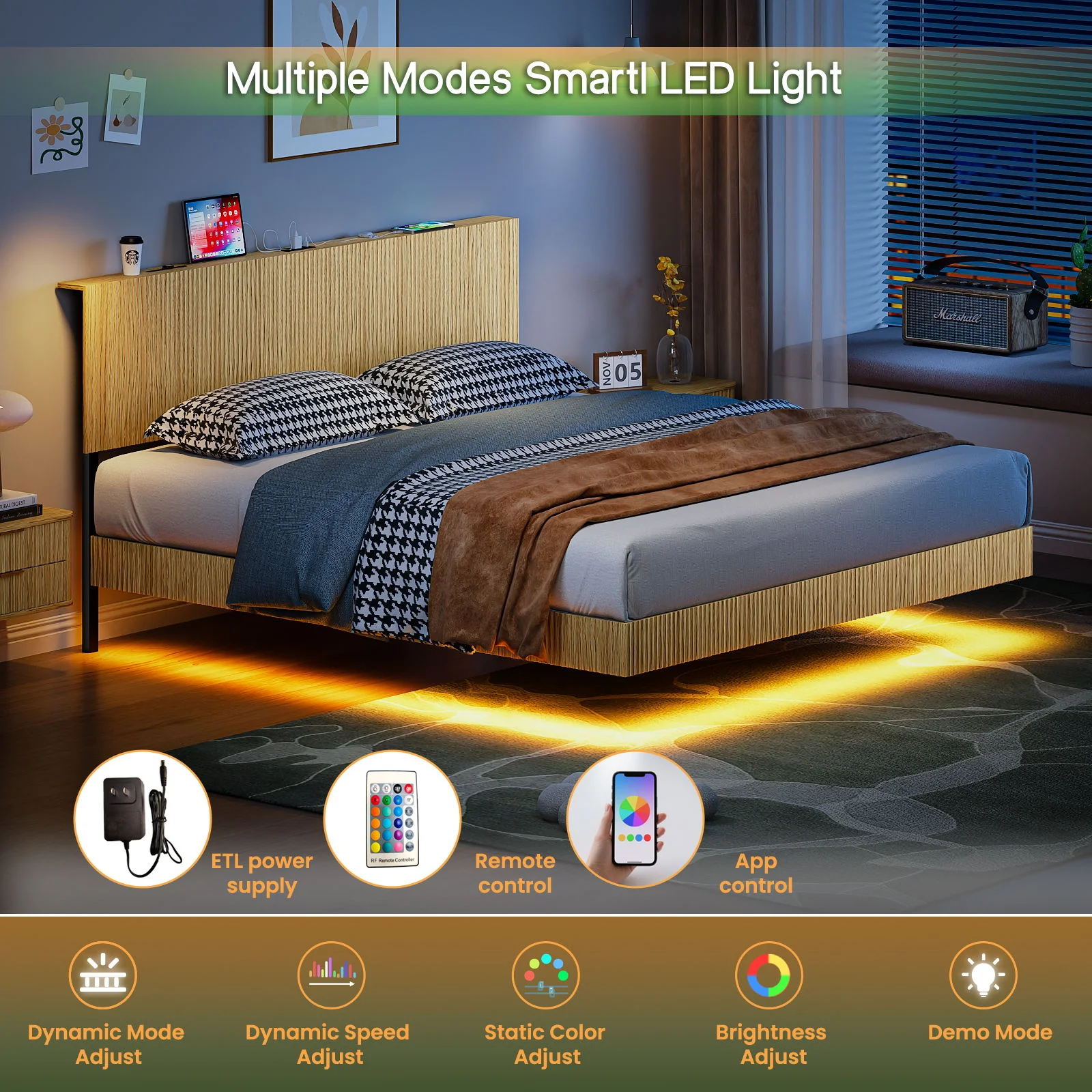Floating Bedstead With Charging Station And LED Lights - Image 7