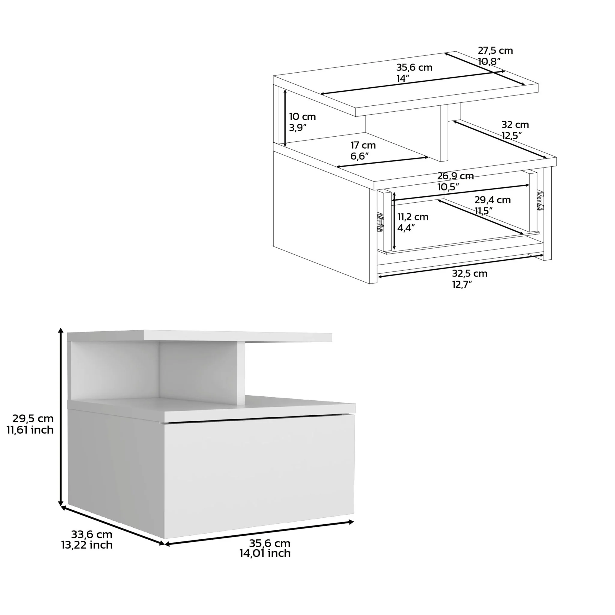 Floating Nightstand Wall Mounted With Single Drawer And 2 Tier Shelf - White - Image 2