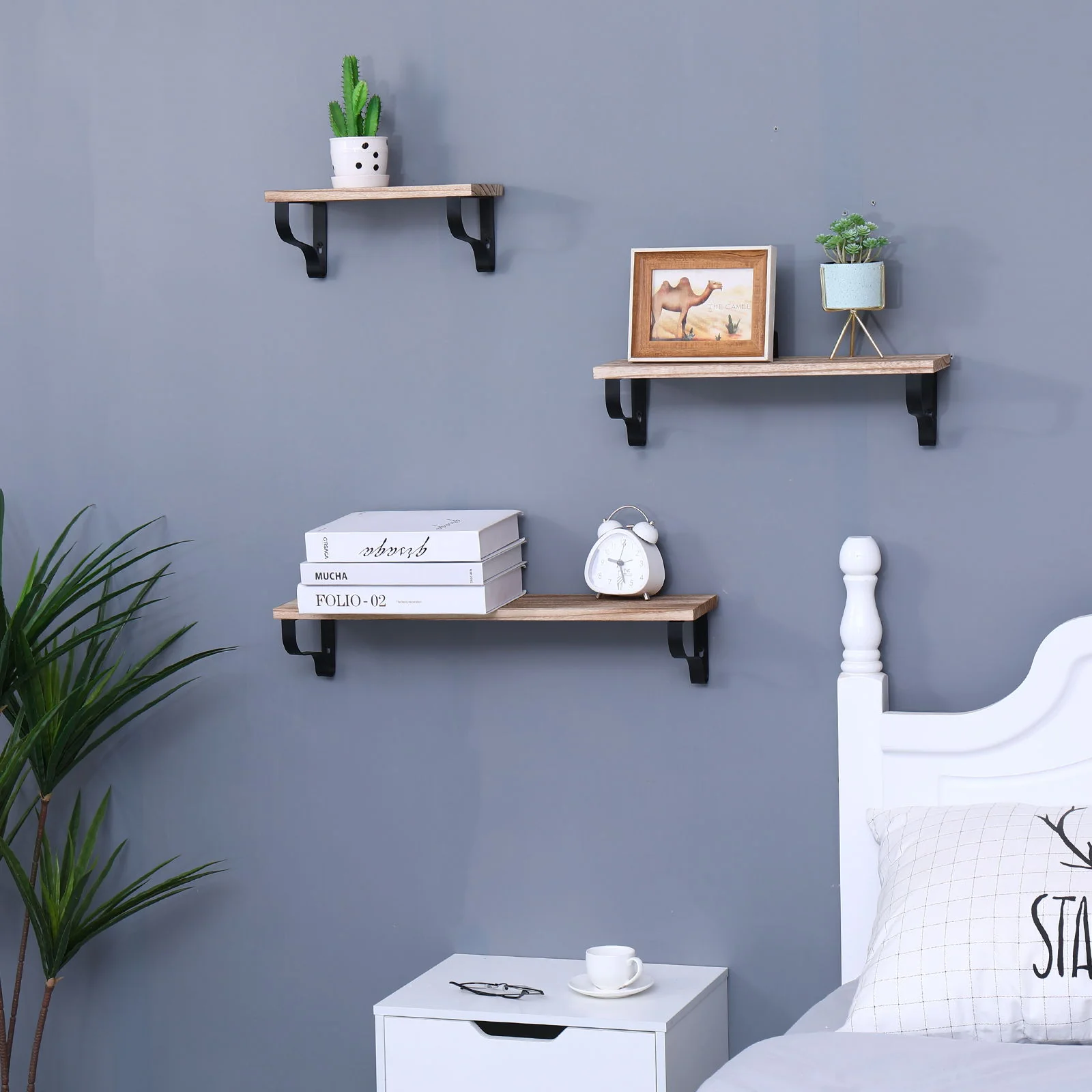 Floating Shelves, Long Wall Shelves (Set of 3), Wall Mounted Shelves & Brackets For Bedroom - Natural Wood - Image 3