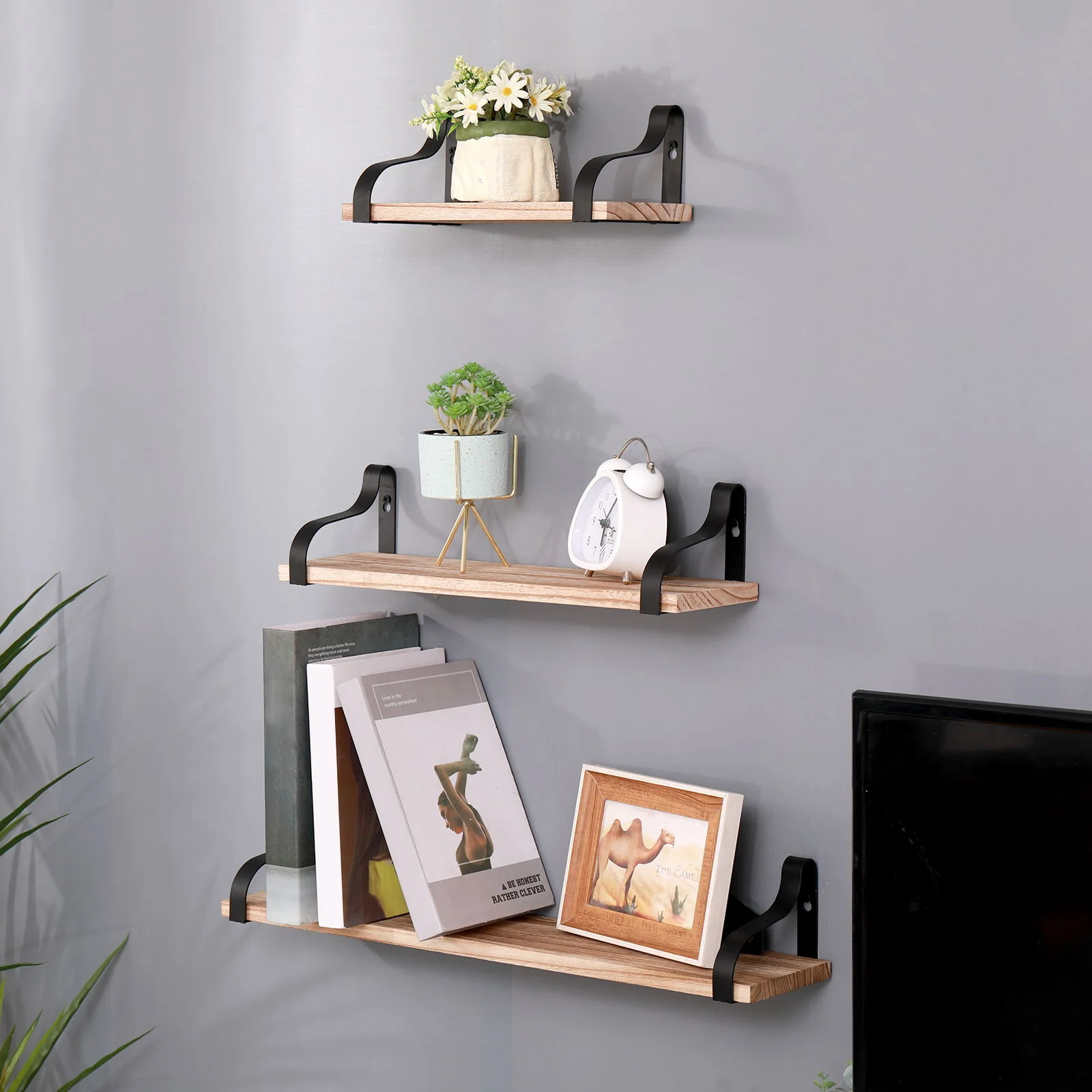 Floating Shelves, Long Wall Shelves (Set of 3), Wall Mounted Shelves & Brackets For Bedroom - Natural Wood - Image 4