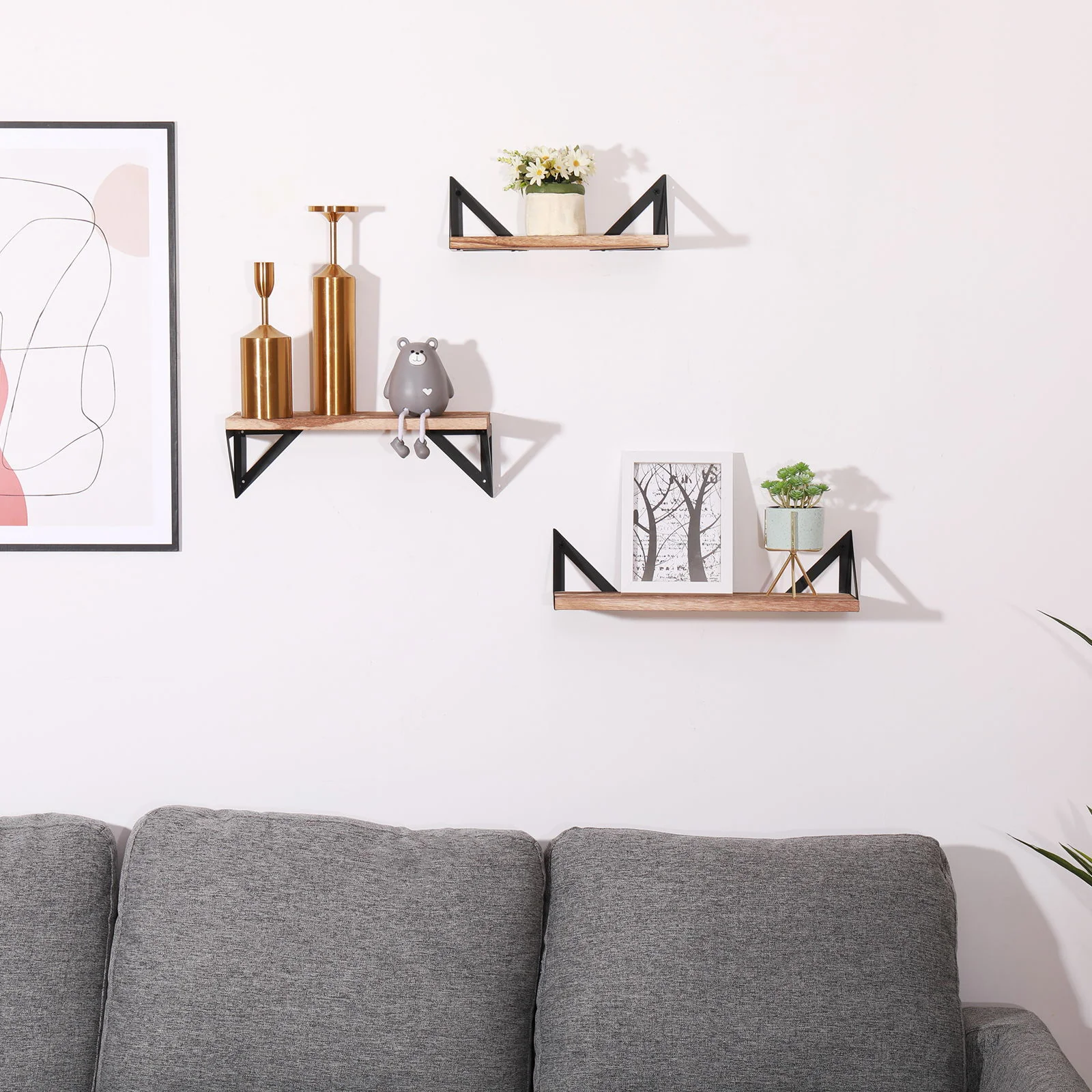 Floating Shelves, Long Wall Shelves (Set of 3), Wall Mounted Shelves With Brackets For Bedroom - Natural Wood - Image 5