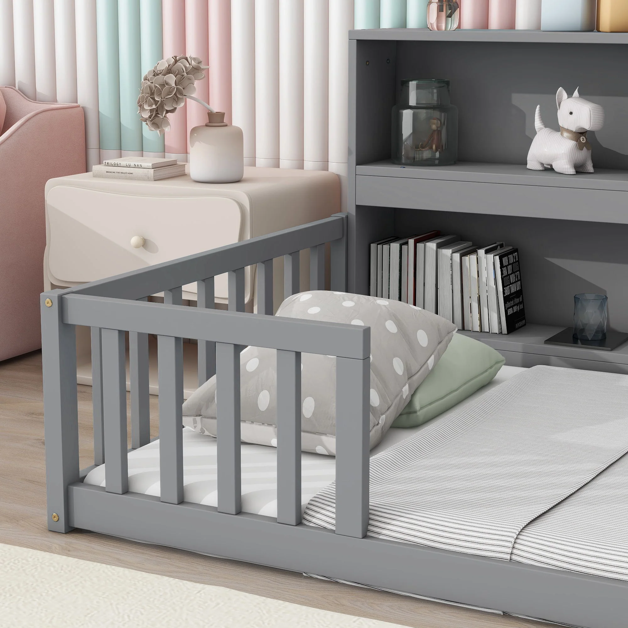 Floor Bed With Bedside Bookcase, Shelves, Guardrails - Image 10