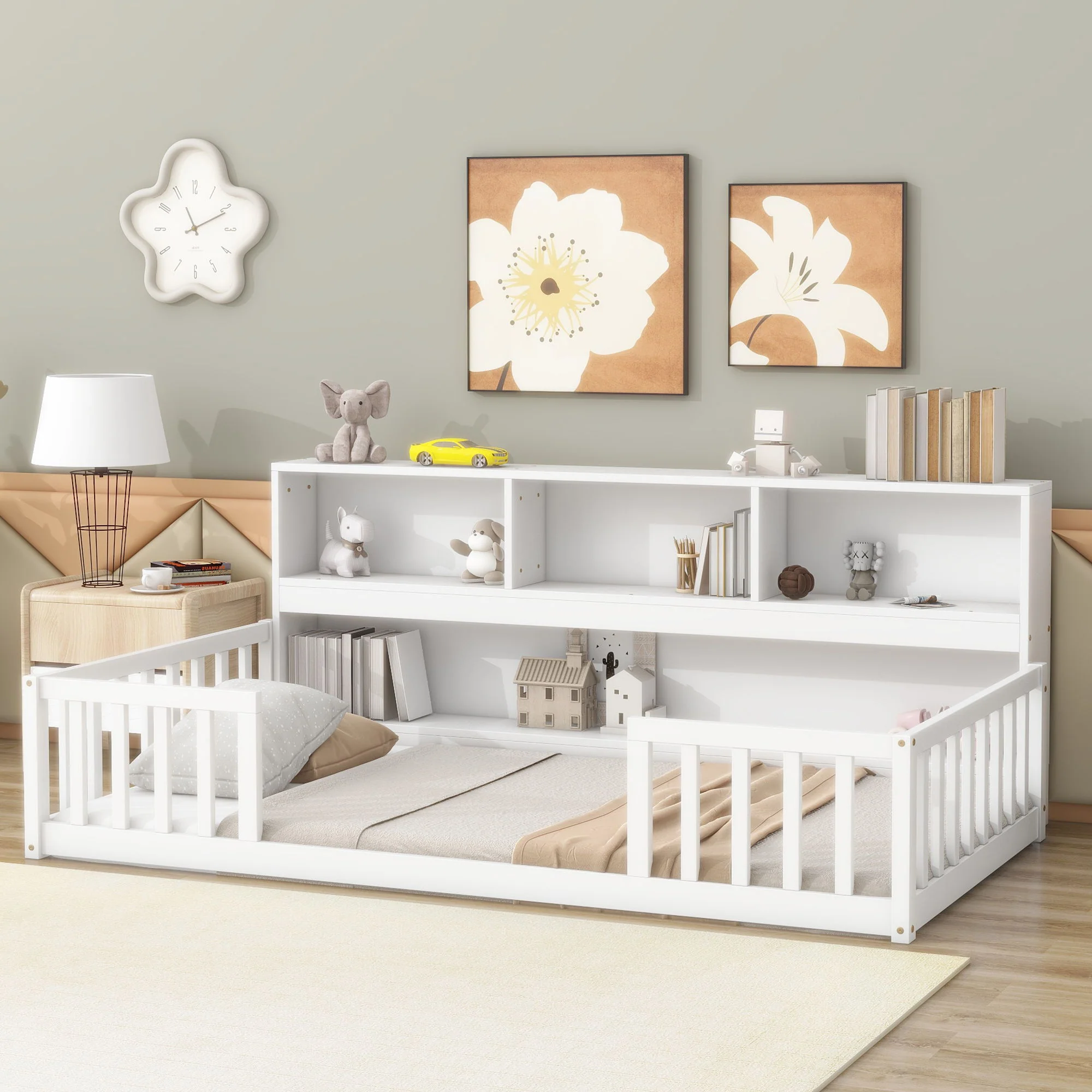 Floor Bed With Bedside Bookcase, Shelves, Guardrails - Image 13