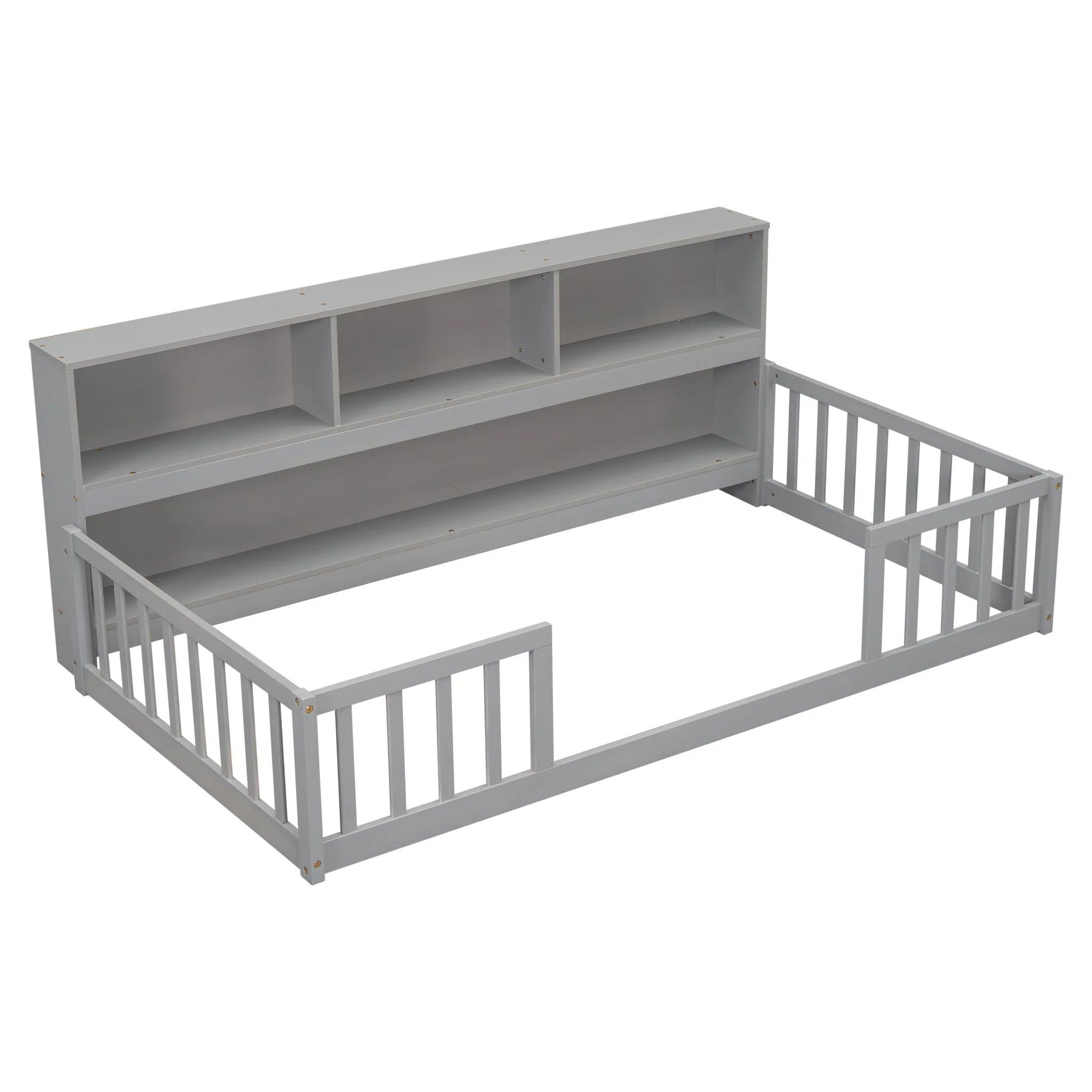 Floor Bed With Bedside Bookcase, Shelves, Guardrails - Image 15