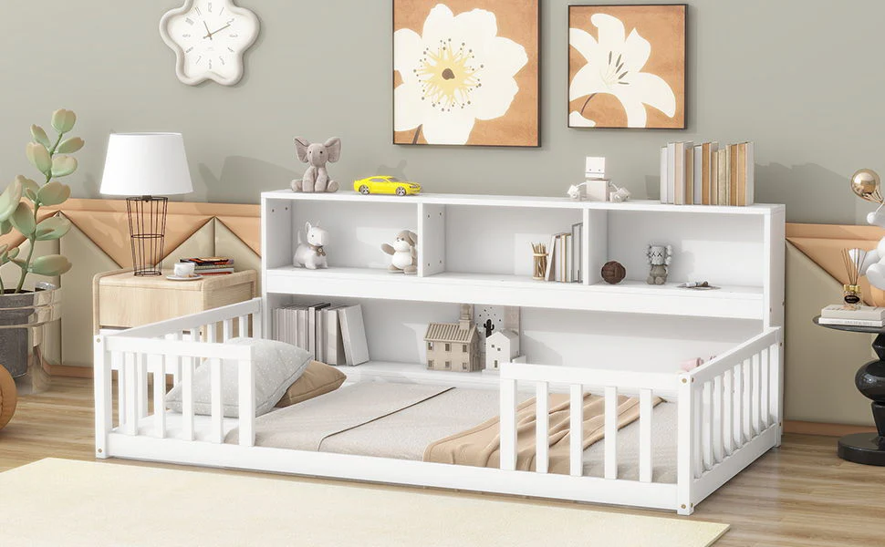 Floor Bed With Bedside Bookcase, Shelves, Guardrails - Image 17
