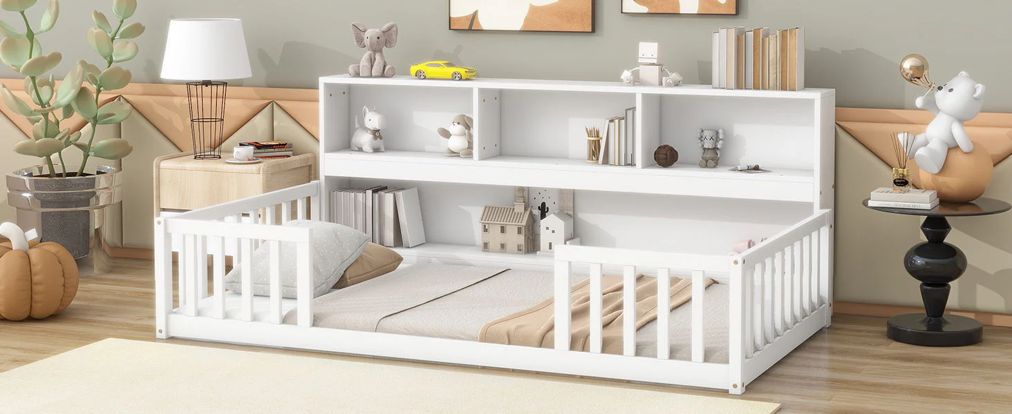 Floor Bed With Bedside Bookcase, Shelves, Guardrails - Image 18