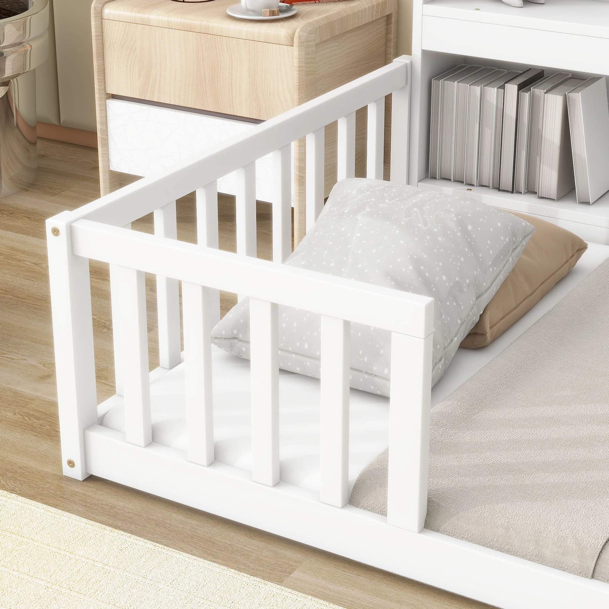 Floor Bed With Bedside Bookcase, Shelves, Guardrails - Image 6