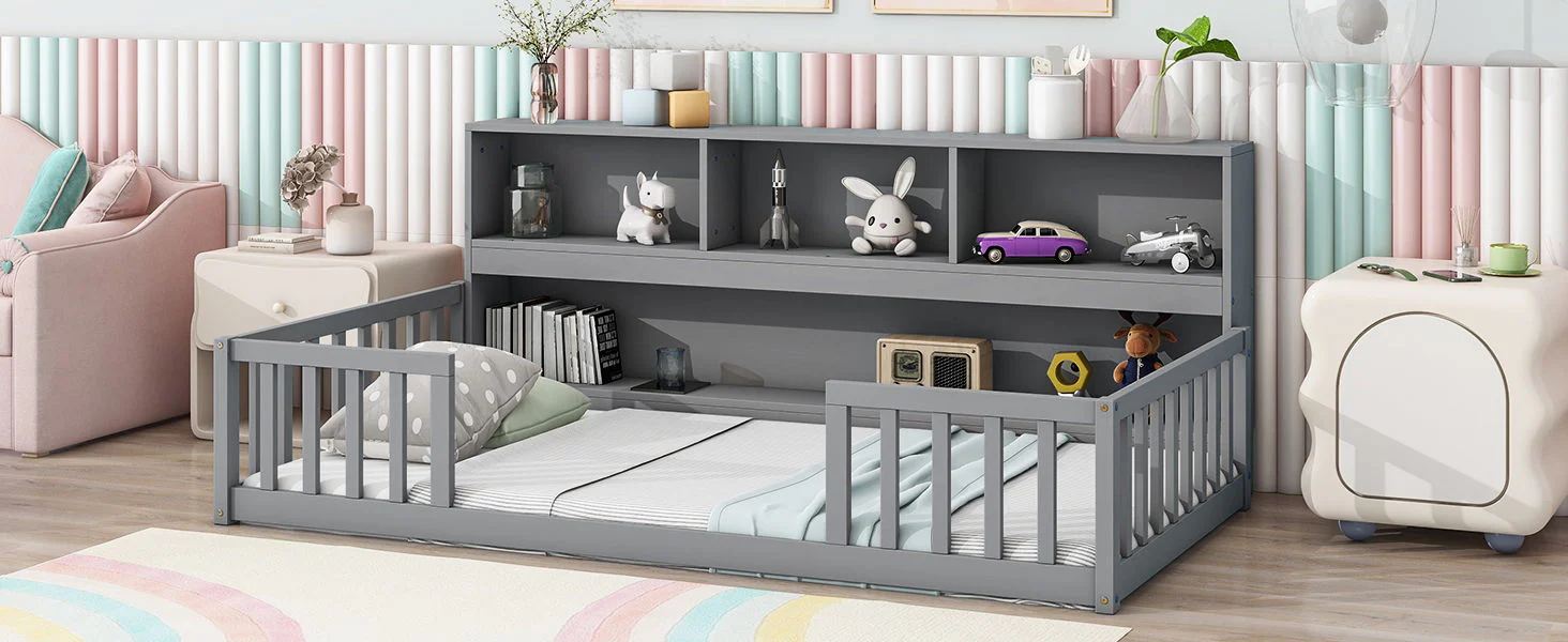 Floor Bed With Bedside Bookcase, Shelves, Guardrails - Image 7