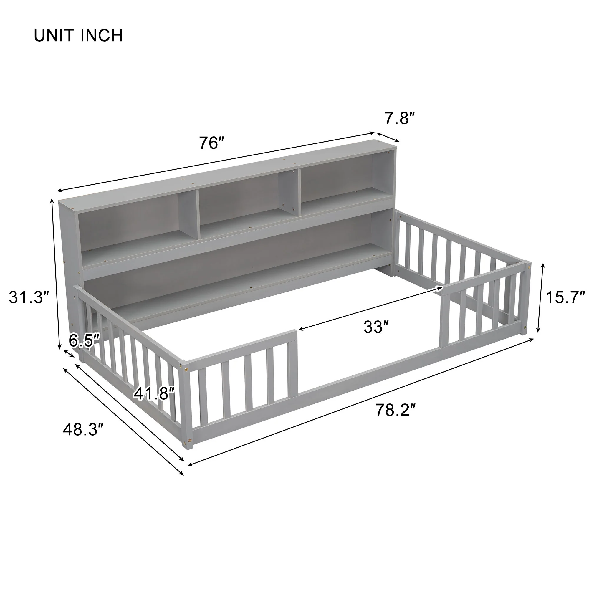 Floor Bed With Bedside Bookcase, Shelves, Guardrails - Image 8