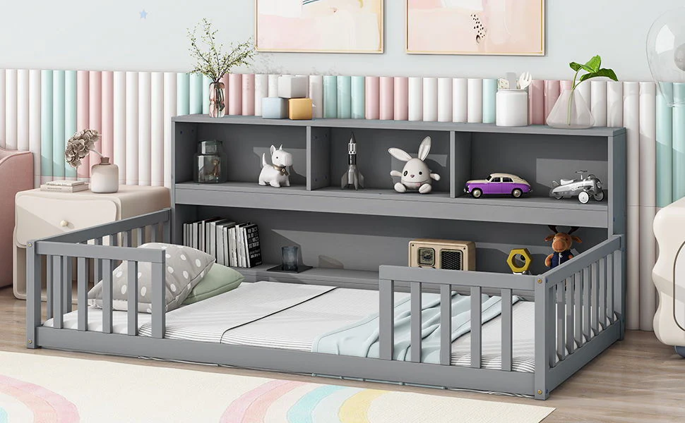 Floor Bed With Bedside Bookcase, Shelves, Guardrails - Image 9