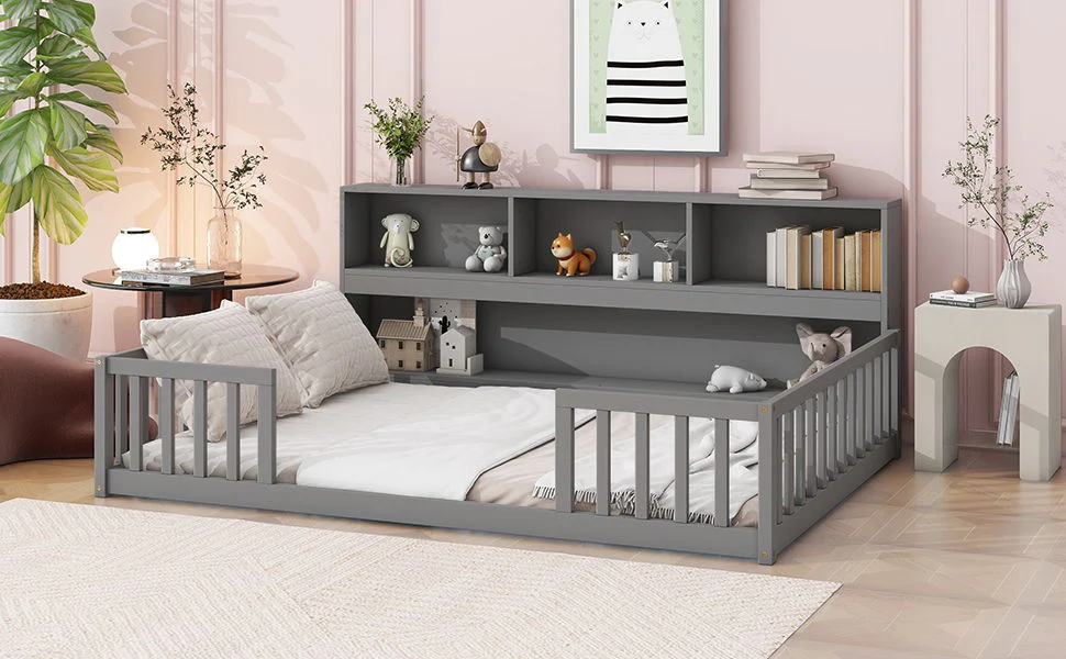 Floor Bed With Side Bookcase, Shelves, Guardrails - Image 15