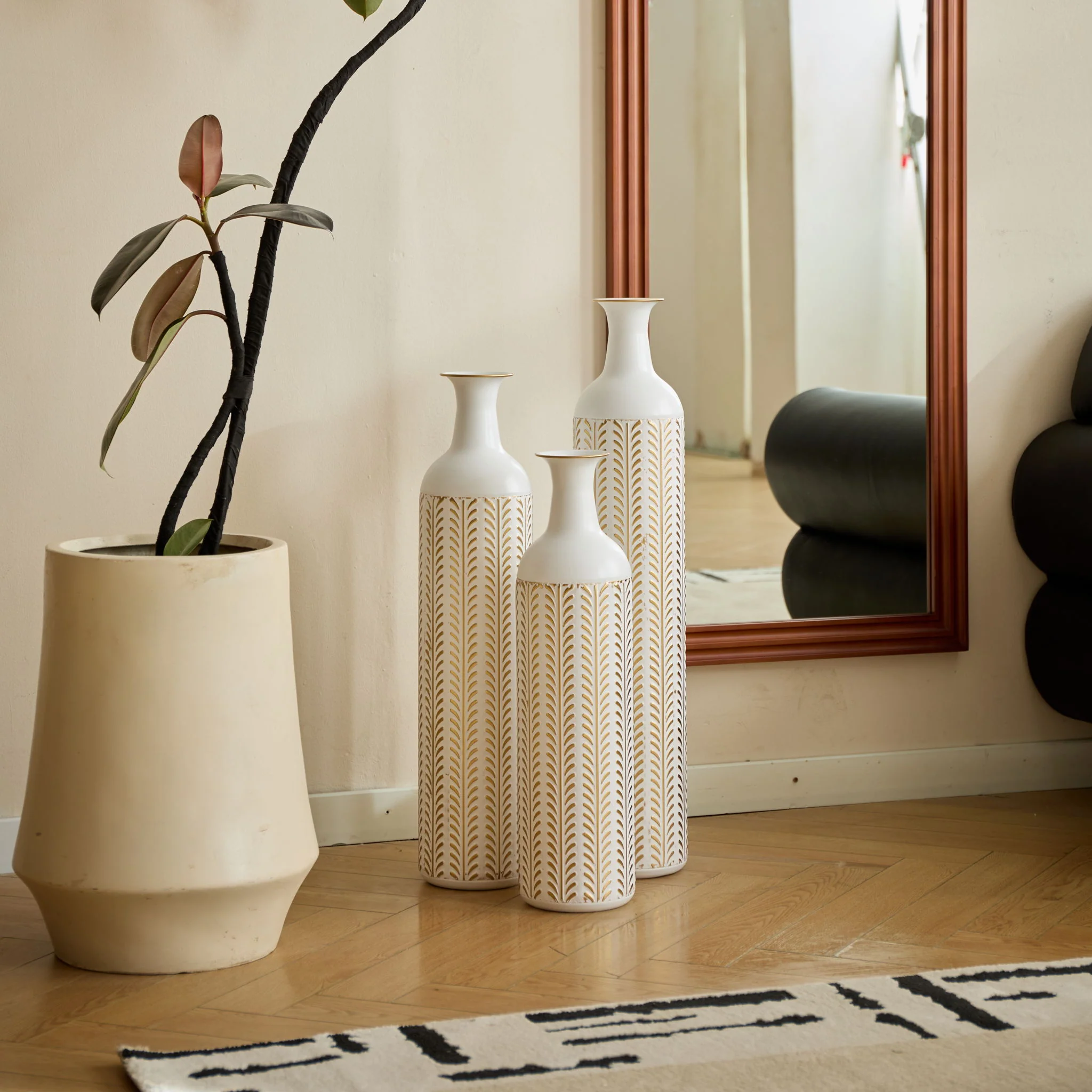 Floor Metal Vase Modern Style Decoration Home Metal Vase 3 Piece Set Gorgeous Home Decoration Large Glazed Metal Vase - Gold / White - Image 2