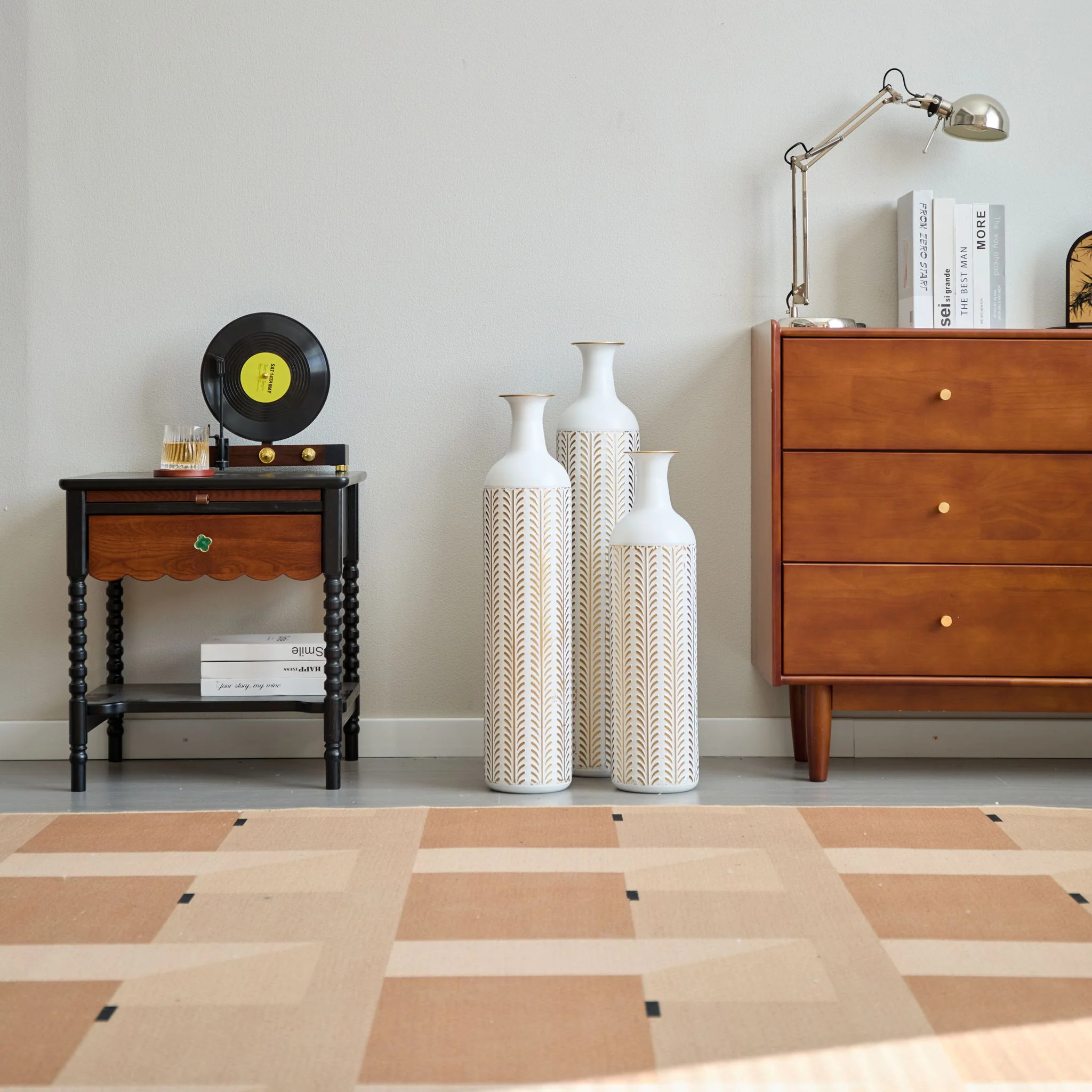 Floor Metal Vase Modern Style Decoration Home Metal Vase 3 Piece Set Gorgeous Home Decoration Large Glazed Metal Vase - Gold / White - Image 3