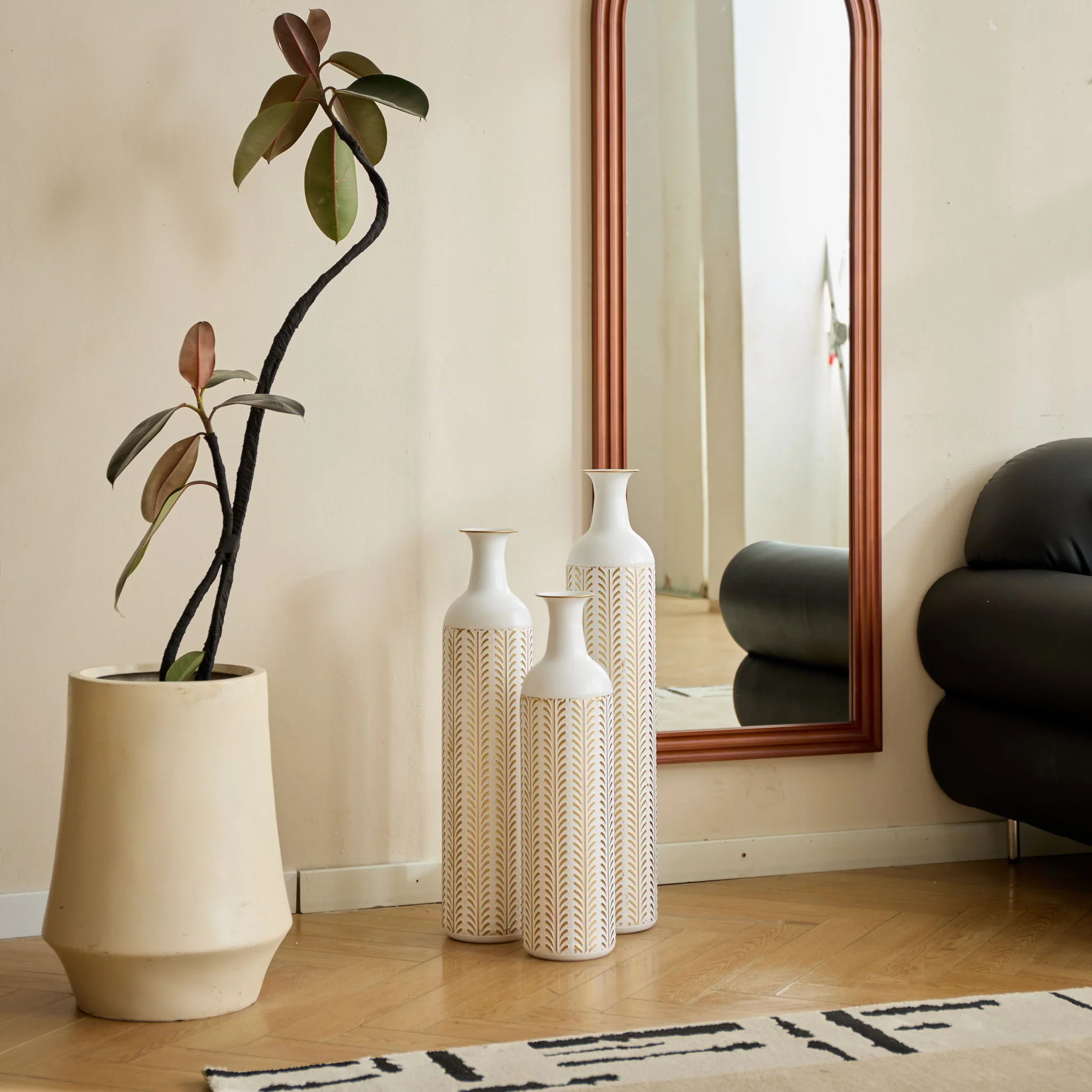 Floor Metal Vase Modern Style Decoration Home Metal Vase 3 Piece Set Gorgeous Home Decoration Large Glazed Metal Vase - Gold / White - Image 9