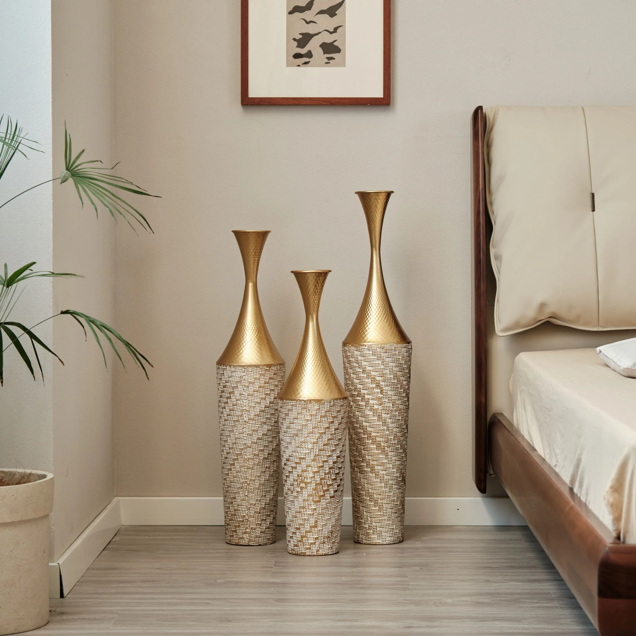 Floor Metal Vase Modern Style Decoration Home Woven Pattern Metal Vase 3 Piece Set Gorgeous Home Decoration Large Glazed Metal Vase - Champagne - Image 7