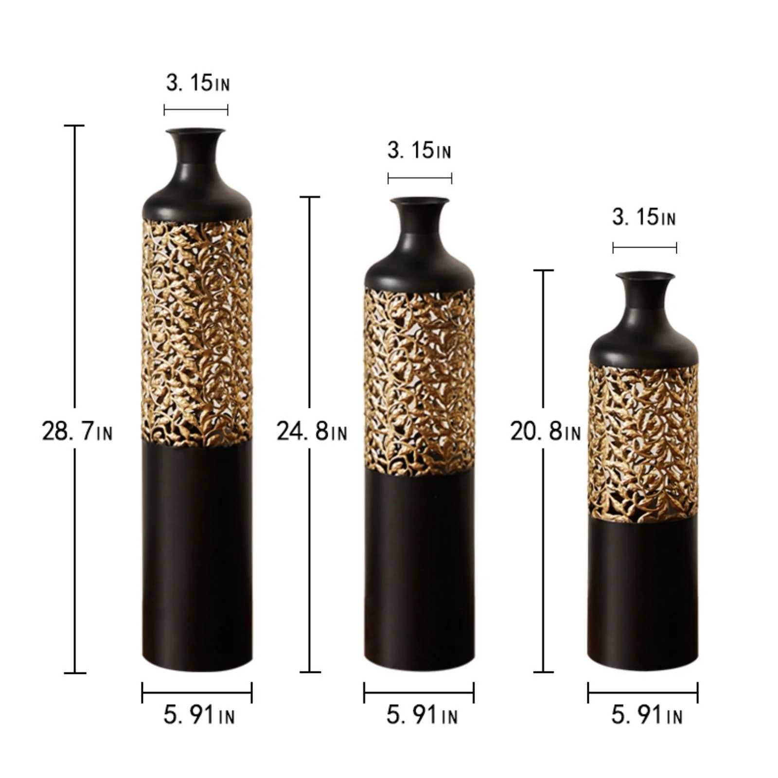 Floor Metal Vases Decorated Metal Vases (Set of 3) Gorgeous Home Decoration Large Glazed Metal Vases - Black / Gold - Image 2