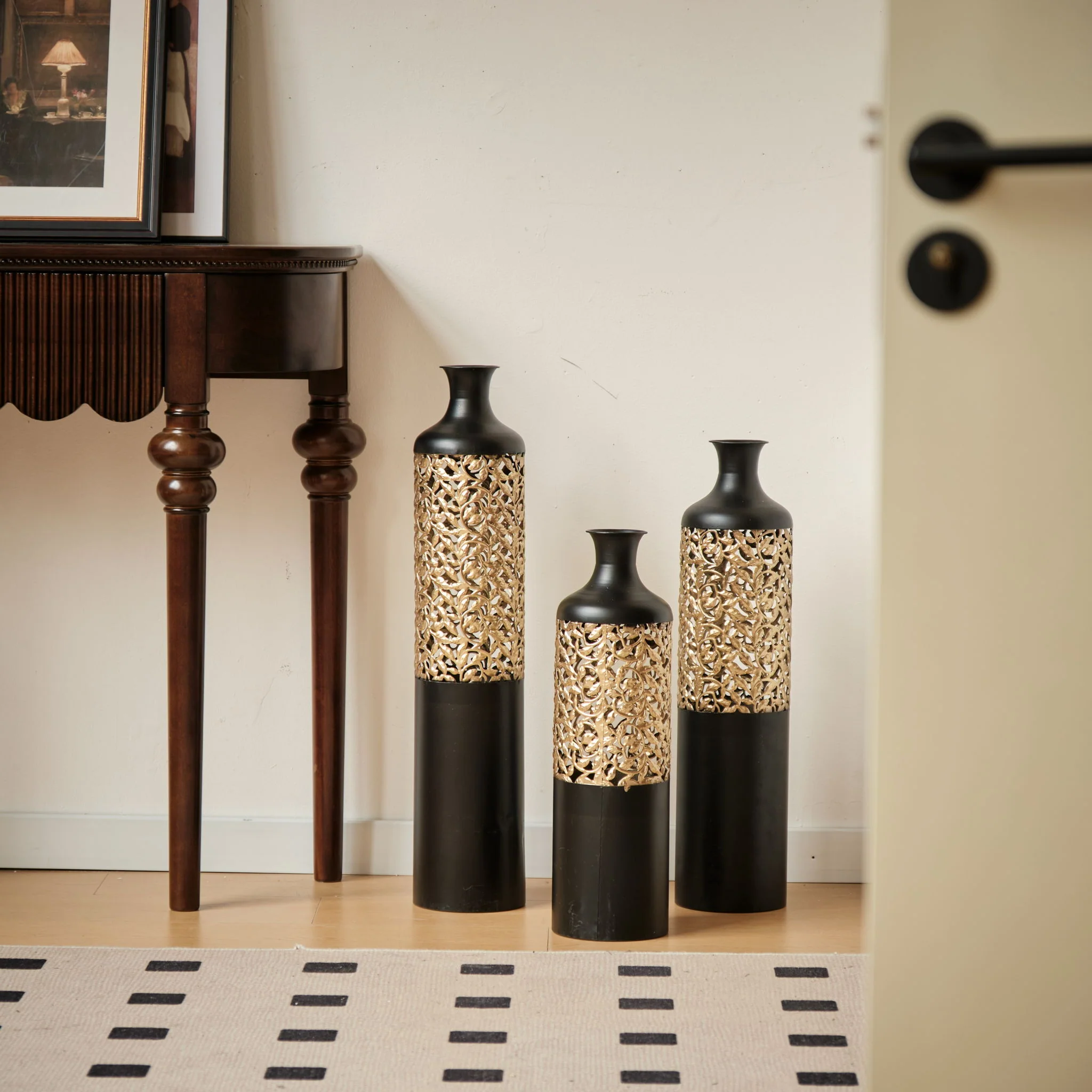 Floor Metal Vases Decorated Metal Vases (Set of 3) Gorgeous Home Decoration Large Glazed Metal Vases - Black / Gold - Image 5