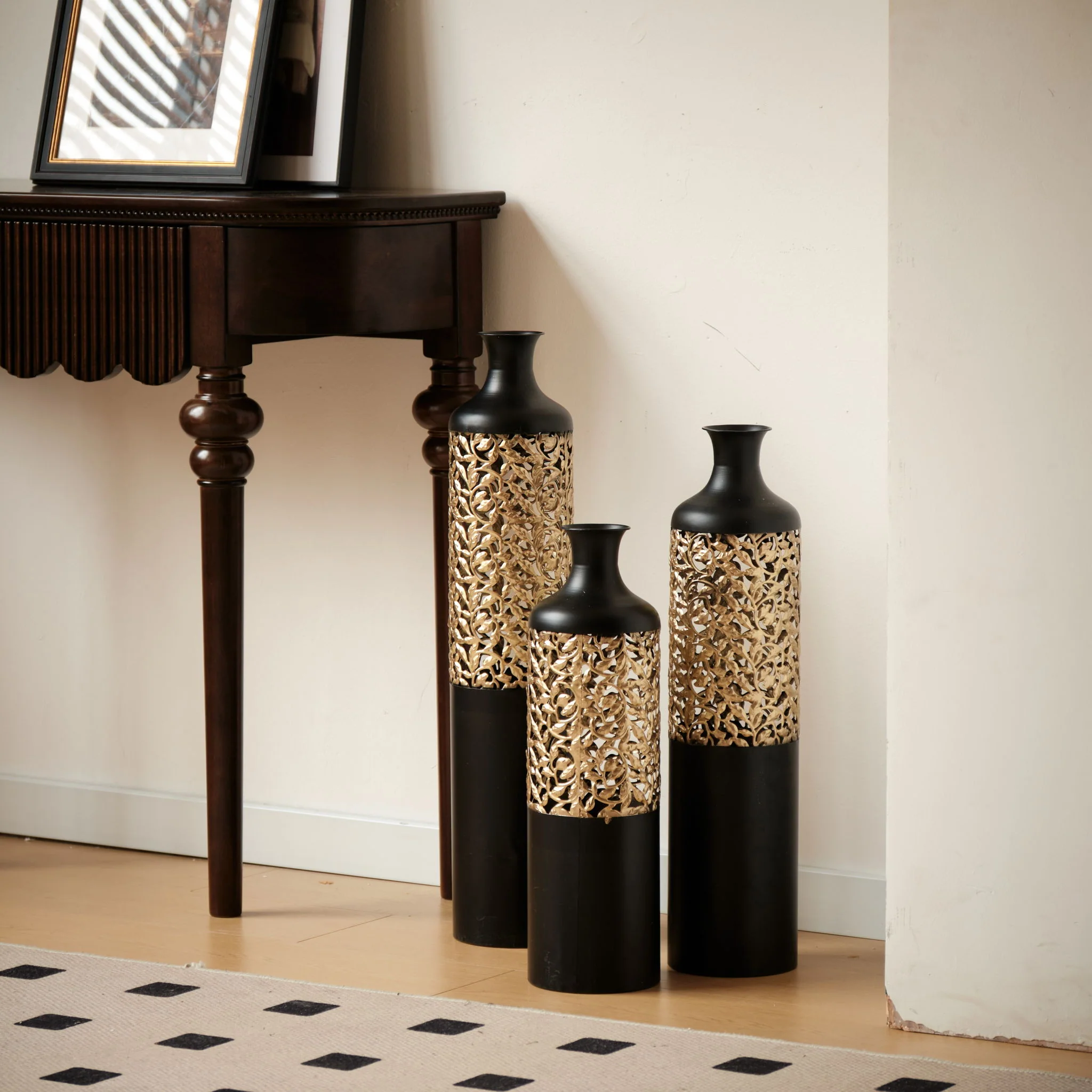 Floor Metal Vases Decorated Metal Vases (Set of 3) Gorgeous Home Decoration Large Glazed Metal Vases - Black / Gold - Image 6