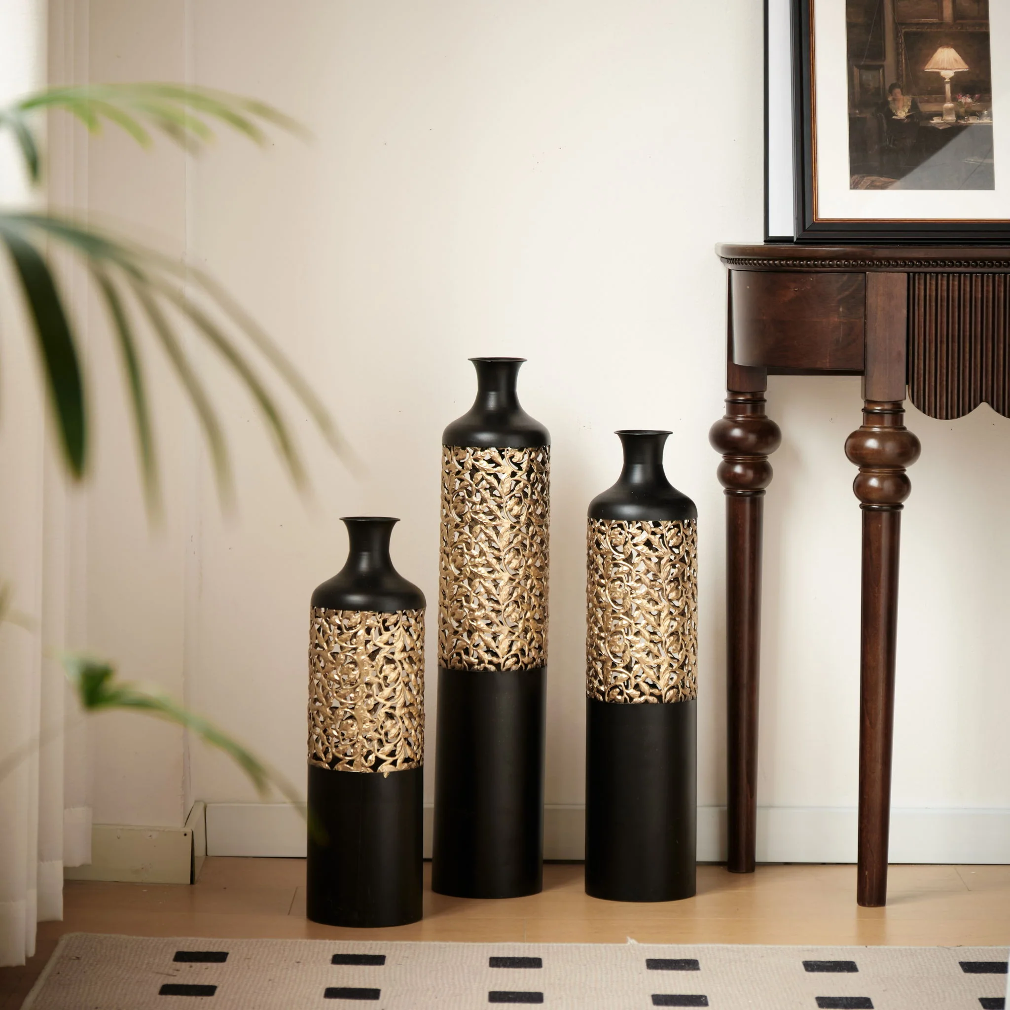 Floor Metal Vases Decorated Metal Vases (Set of 3) Gorgeous Home Decoration Large Glazed Metal Vases - Black / Gold - Image 7