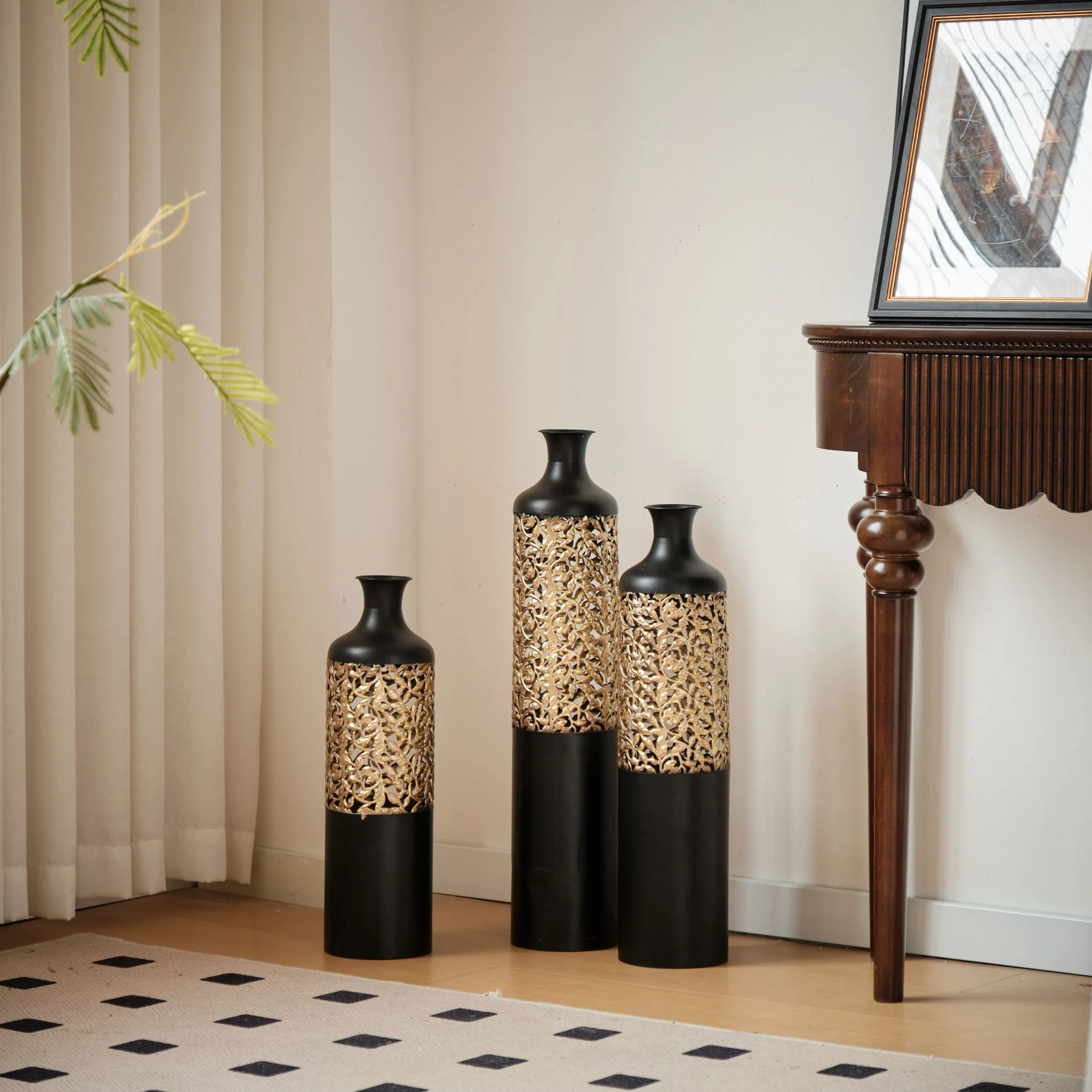 Floor Metal Vases Decorated Metal Vases (Set of 3) Gorgeous Home Decoration Large Glazed Metal Vases - Black / Gold - Image 8
