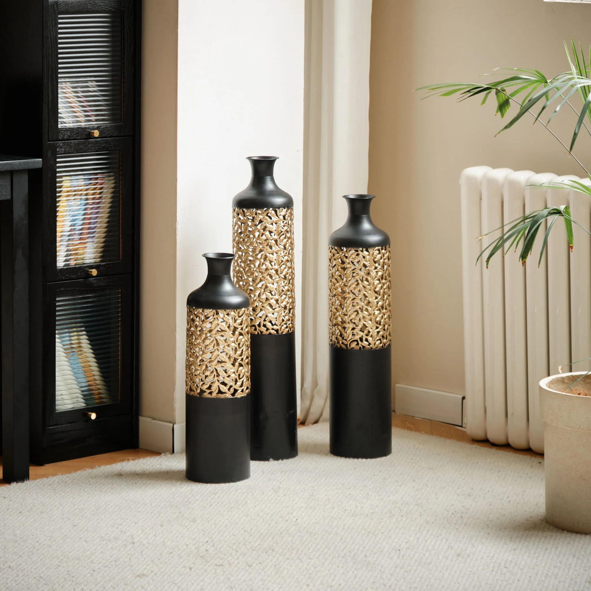 Floor Metal Vases Decorated Metal Vases (Set of 3) Gorgeous Home Decoration Large Glazed Metal Vases - Black / Gold - Image 9