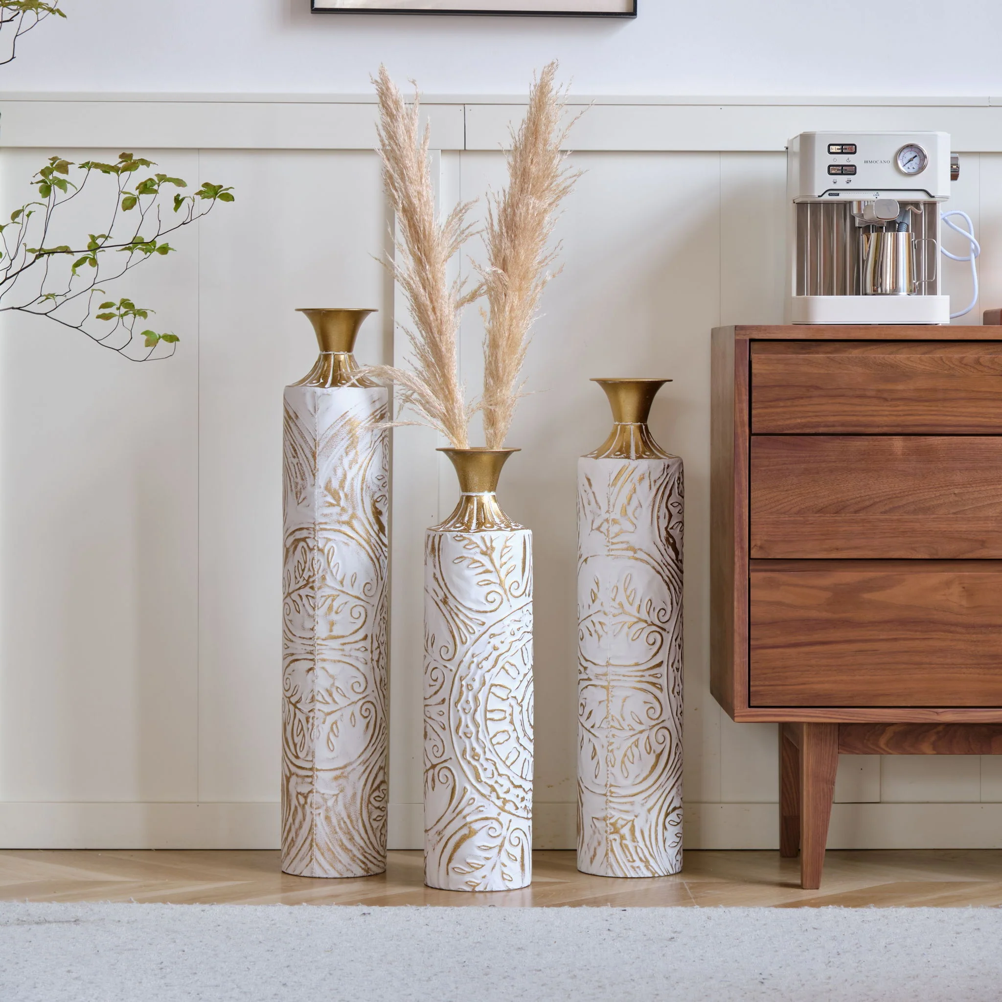 Floor Metal Vases Decorated Metal Vases (Set of 3) Gorgeous Home Decoration Large Glazed Metal Vases - White / Gold - Image 3