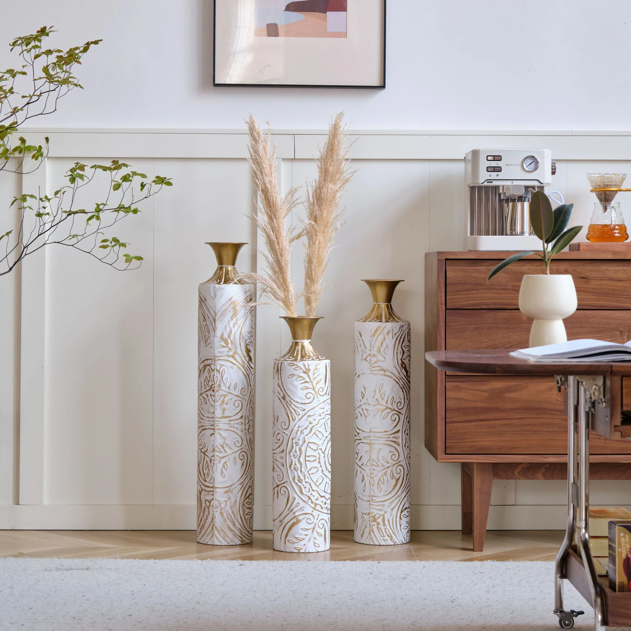 Floor Metal Vases Decorated Metal Vases (Set of 3) Gorgeous Home Decoration Large Glazed Metal Vases - White / Gold - Image 4