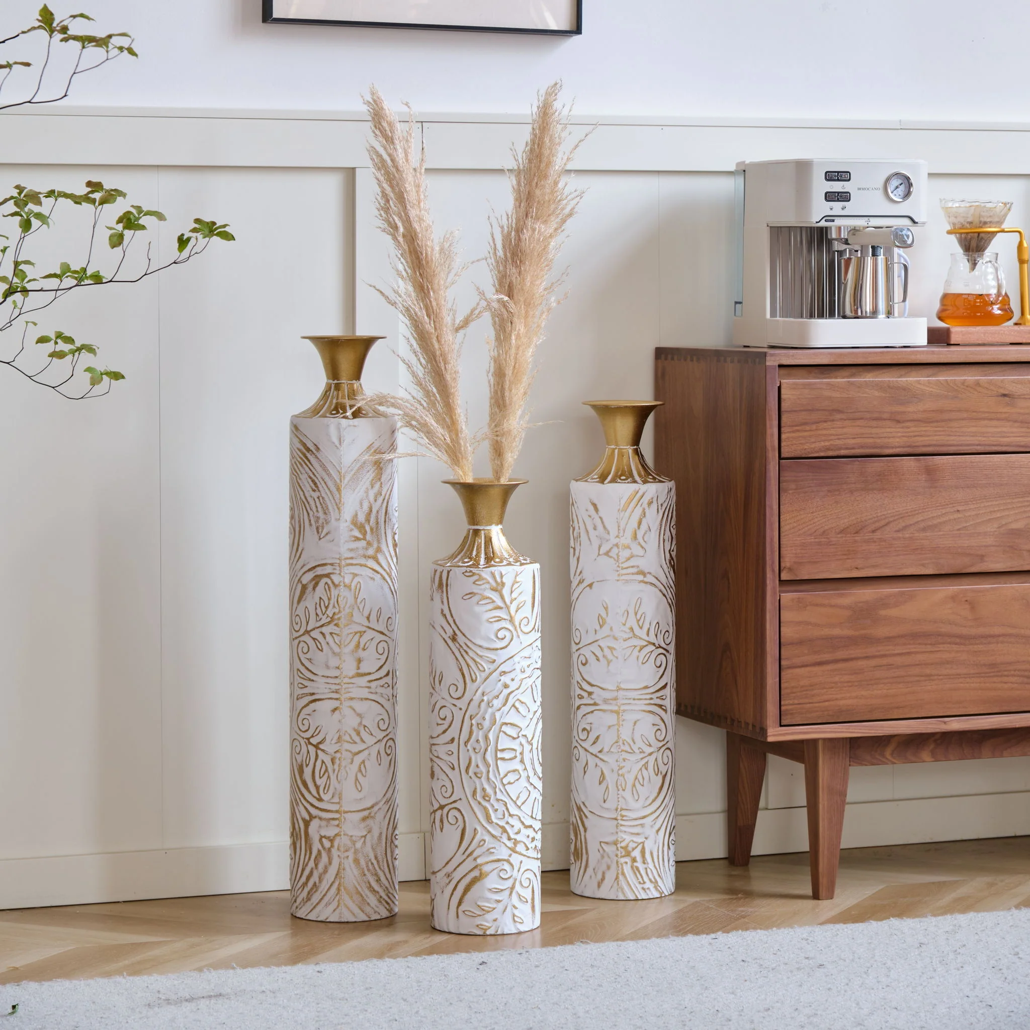 Floor Metal Vases Decorated Metal Vases (Set of 3) Gorgeous Home Decoration Large Glazed Metal Vases - White / Gold - Image 5