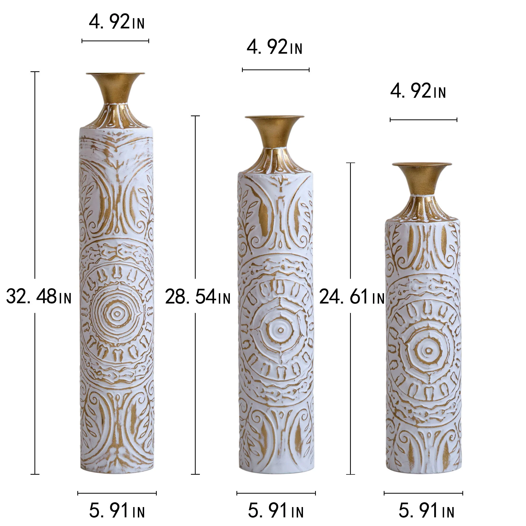 Floor Metal Vases Decorated Metal Vases (Set of 3) Gorgeous Home Decoration Large Glazed Metal Vases - White / Gold - Image 7