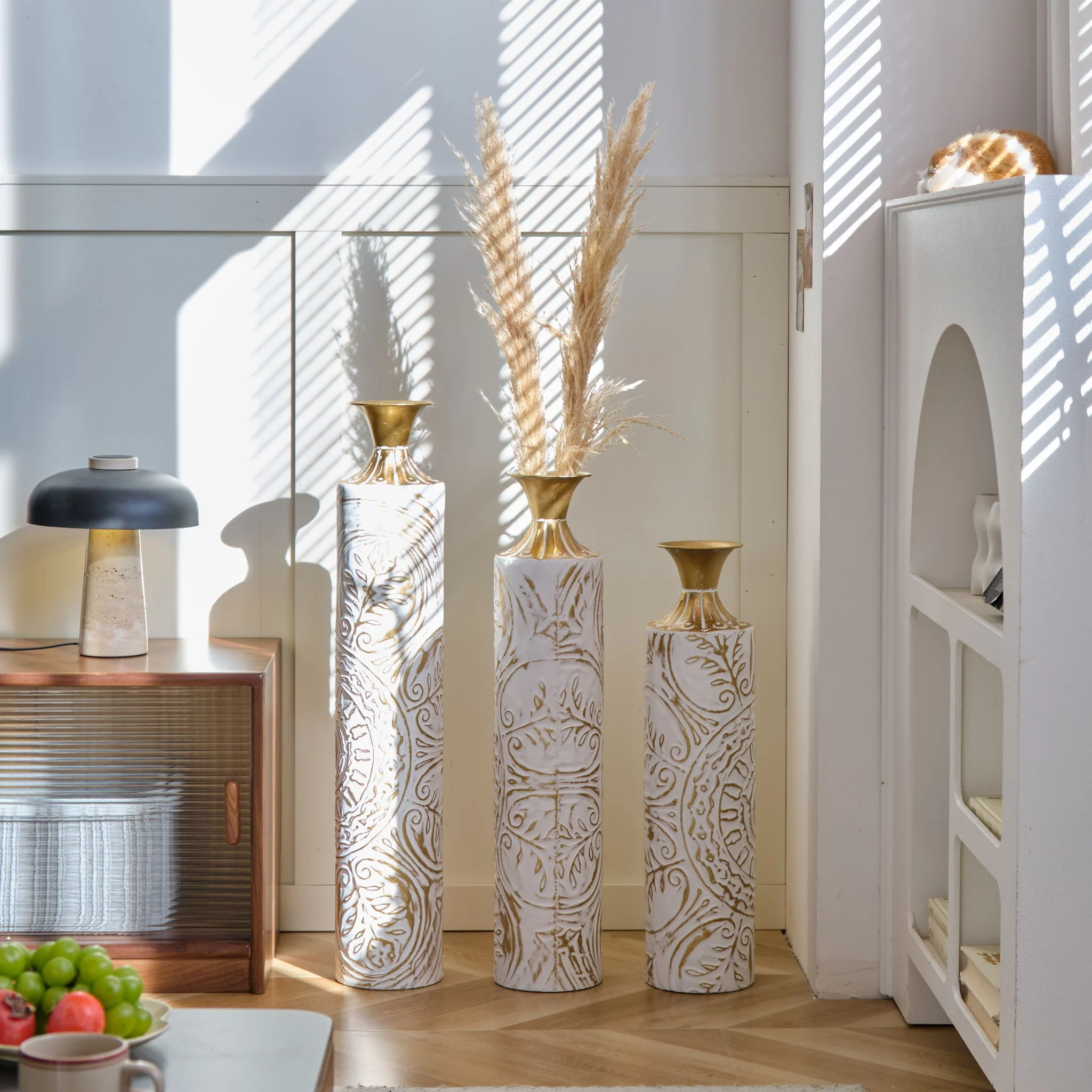 Floor Metal Vases Decorated Metal Vases (Set of 3) Gorgeous Home Decoration Large Glazed Metal Vases - White / Gold - Image 8