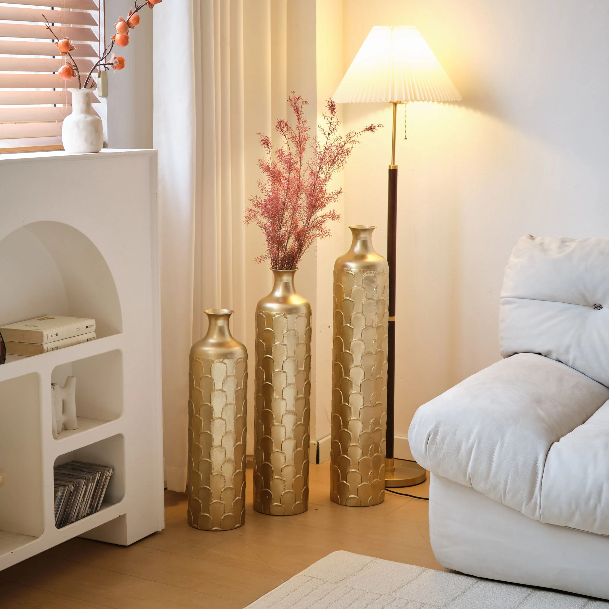 Floor Metal Vases Decorated White Metal Vases (Set of 3) Gorgeous Home Decoration Large Glazed Metal Vases - Golden - Image 5
