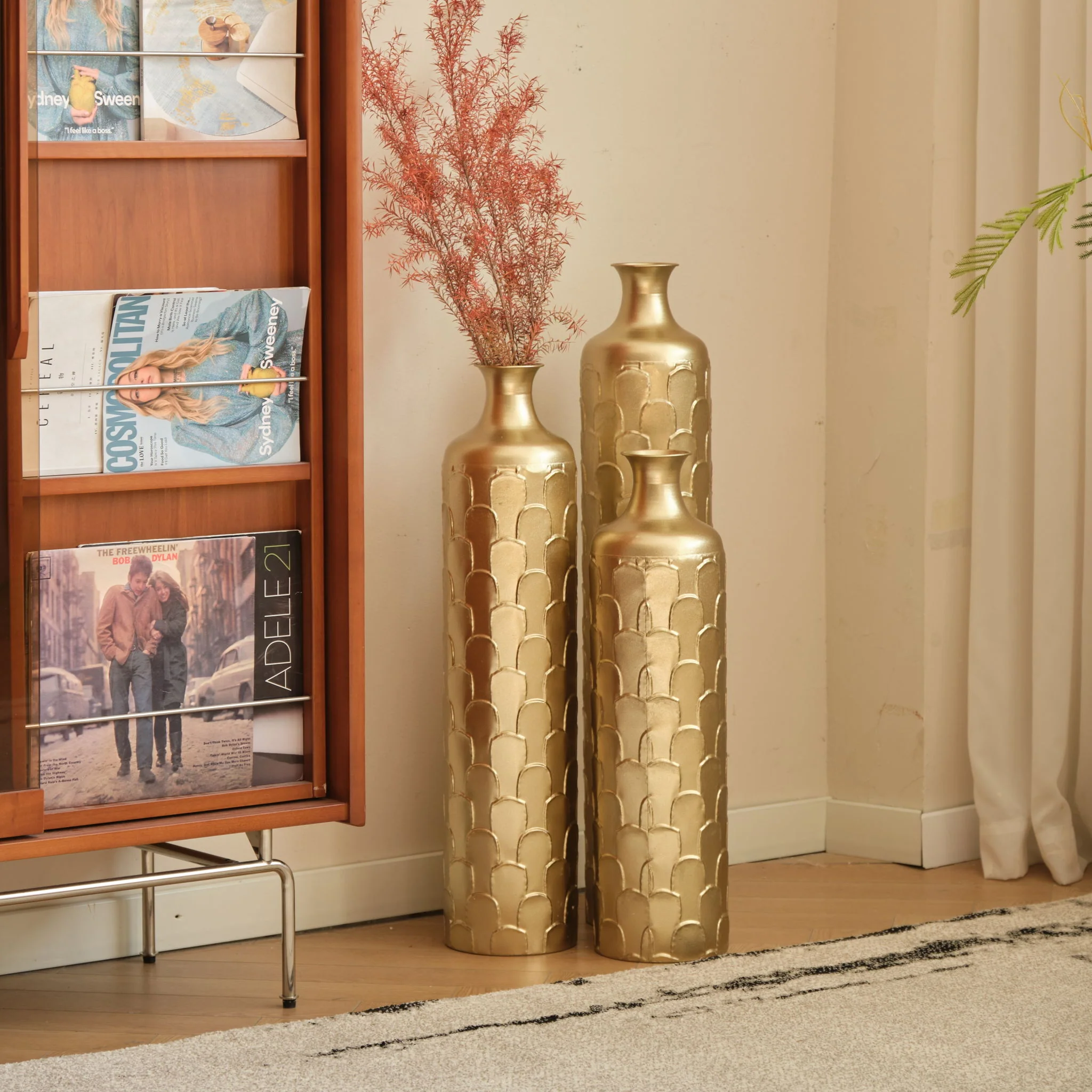 Floor Metal Vases Decorated White Metal Vases (Set of 3) Gorgeous Home Decoration Large Glazed Metal Vases - Golden - Image 9