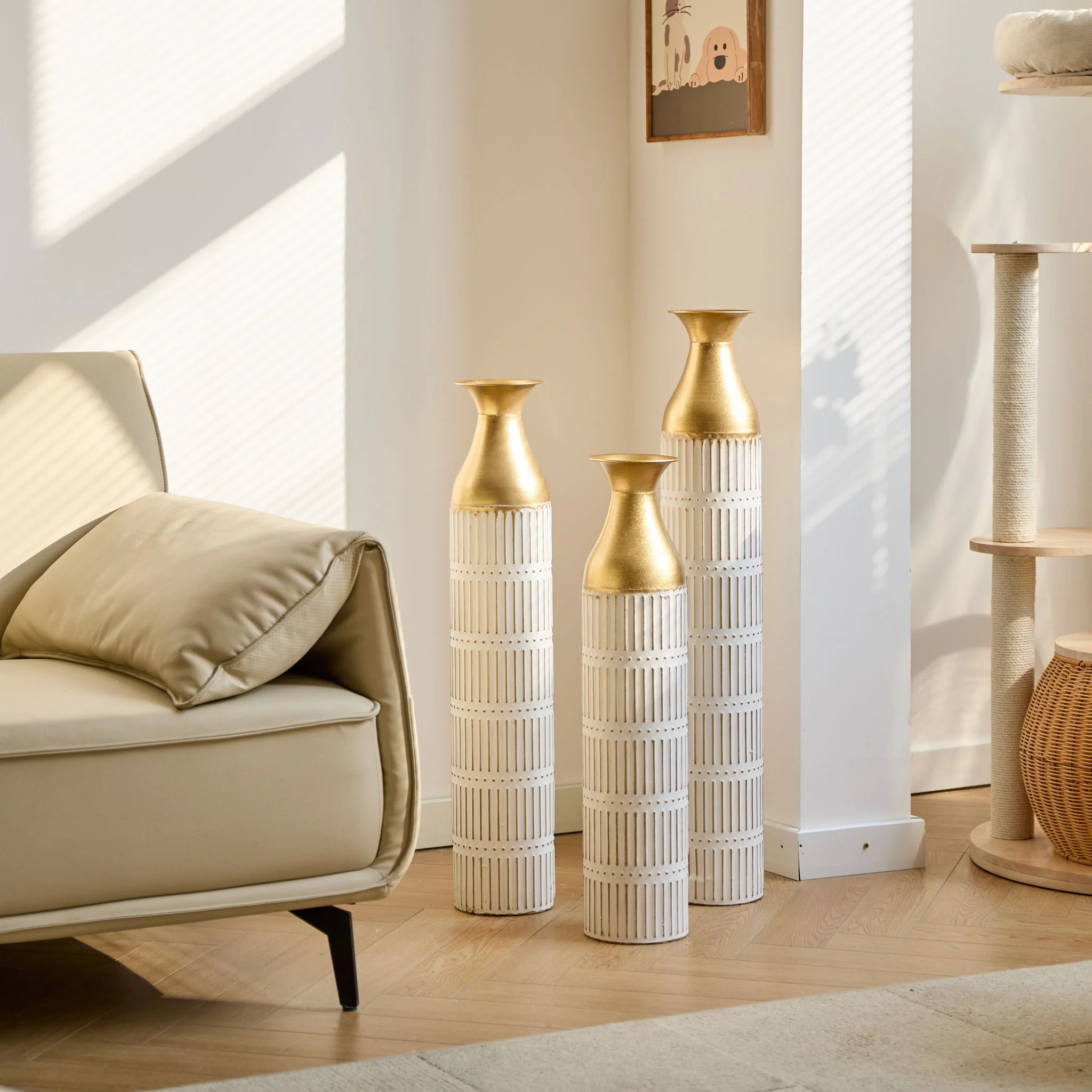 Floor Metal Vases Decorated White Metal Vases (Set of 3) Gorgeous Home Decoration Large Glazed Metal Vases - White - Image 2