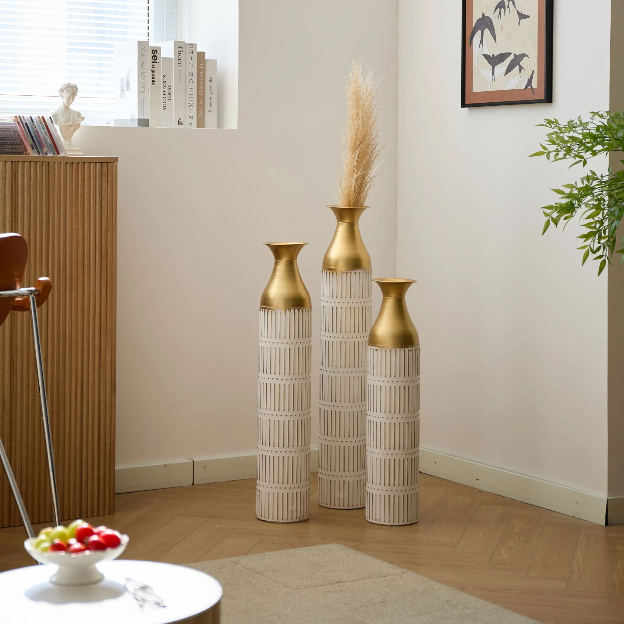 Floor Metal Vases Decorated White Metal Vases (Set of 3) Gorgeous Home Decoration Large Glazed Metal Vases - White - Image 3