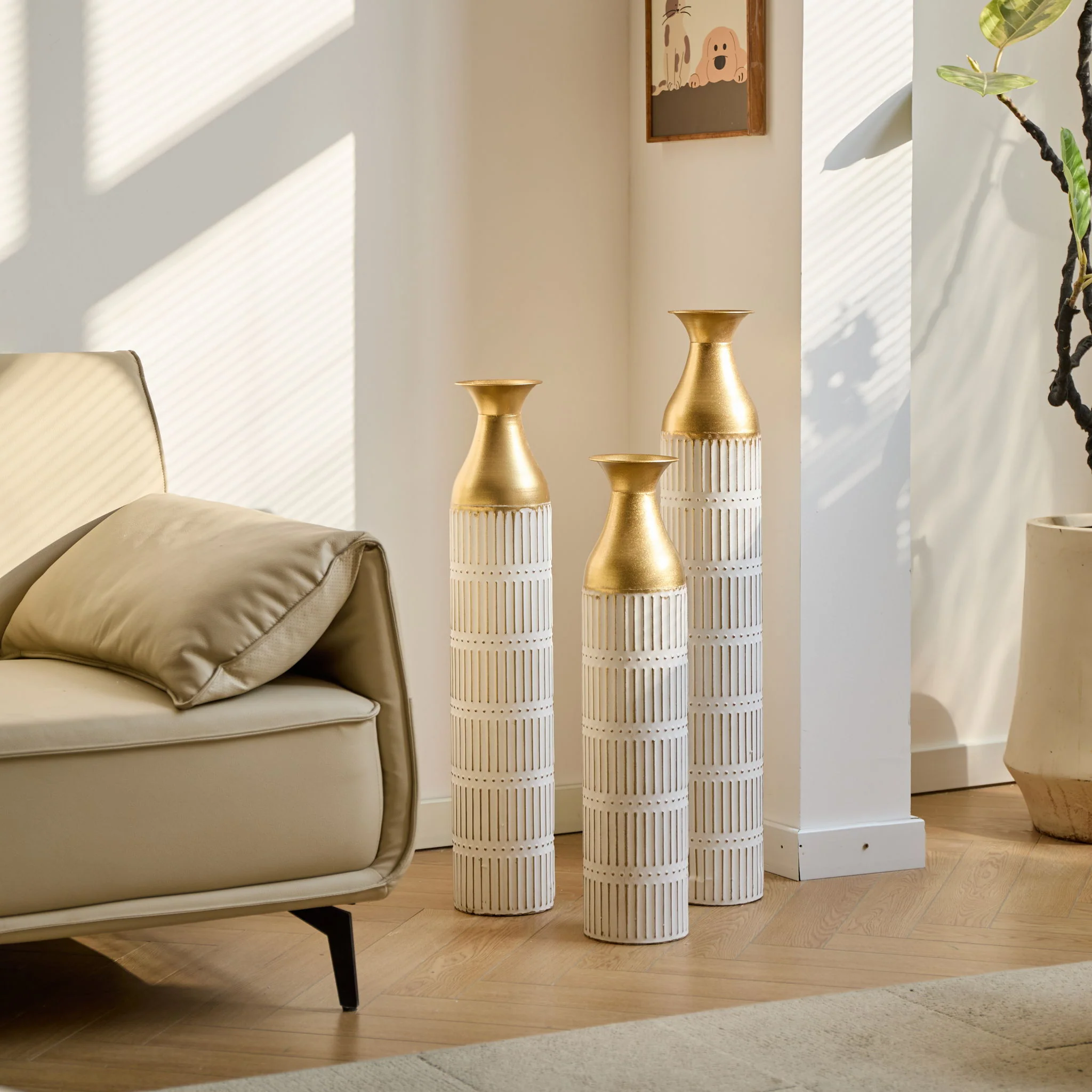 Floor Metal Vases Decorated White Metal Vases (Set of 3) Gorgeous Home Decoration Large Glazed Metal Vases - White - Image 4