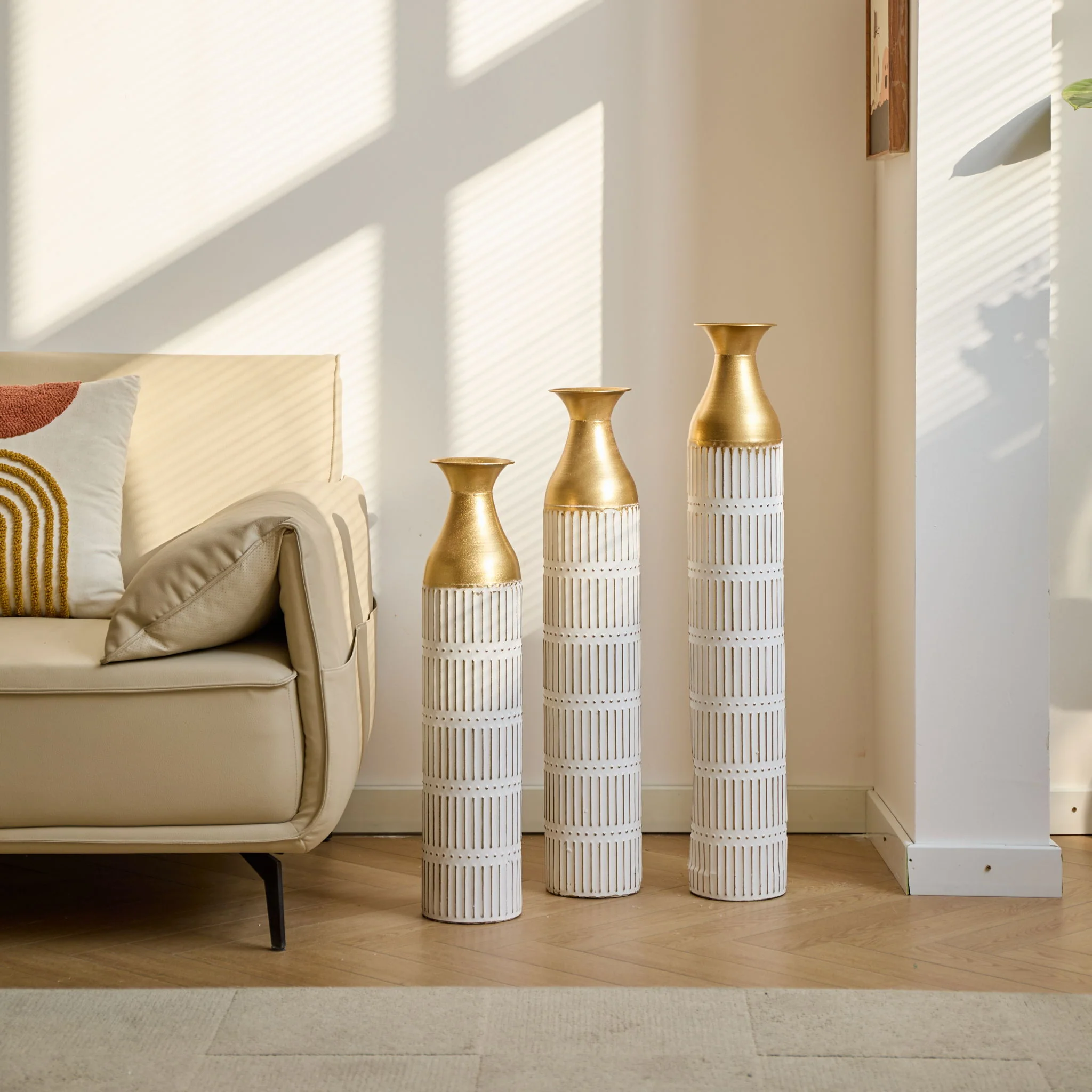 Floor Metal Vases Decorated White Metal Vases (Set of 3) Gorgeous Home Decoration Large Glazed Metal Vases - White - Image 8