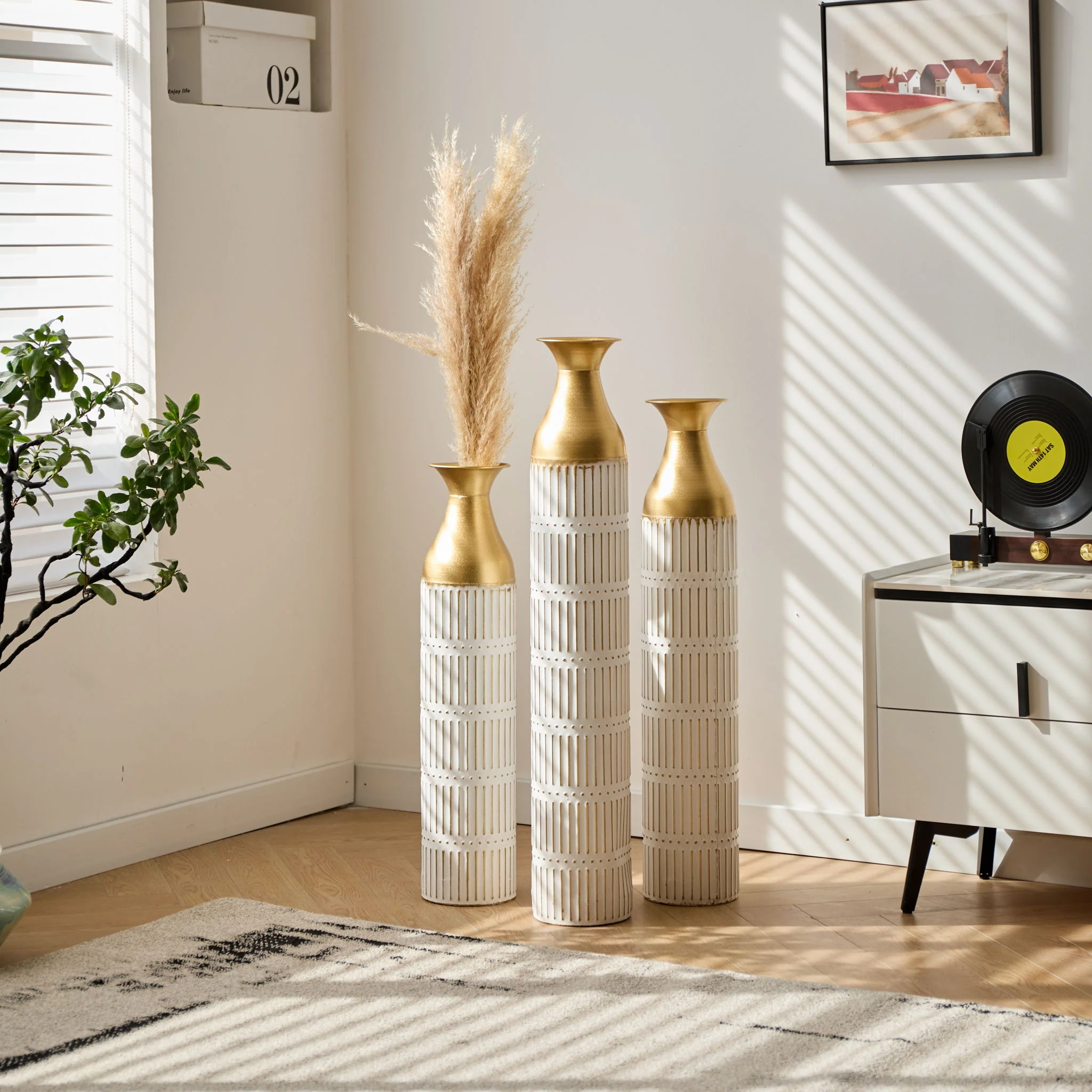 Floor Metal Vases Decorated White Metal Vases (Set of 3) Gorgeous Home Decoration Large Glazed Metal Vases - White - Image 9