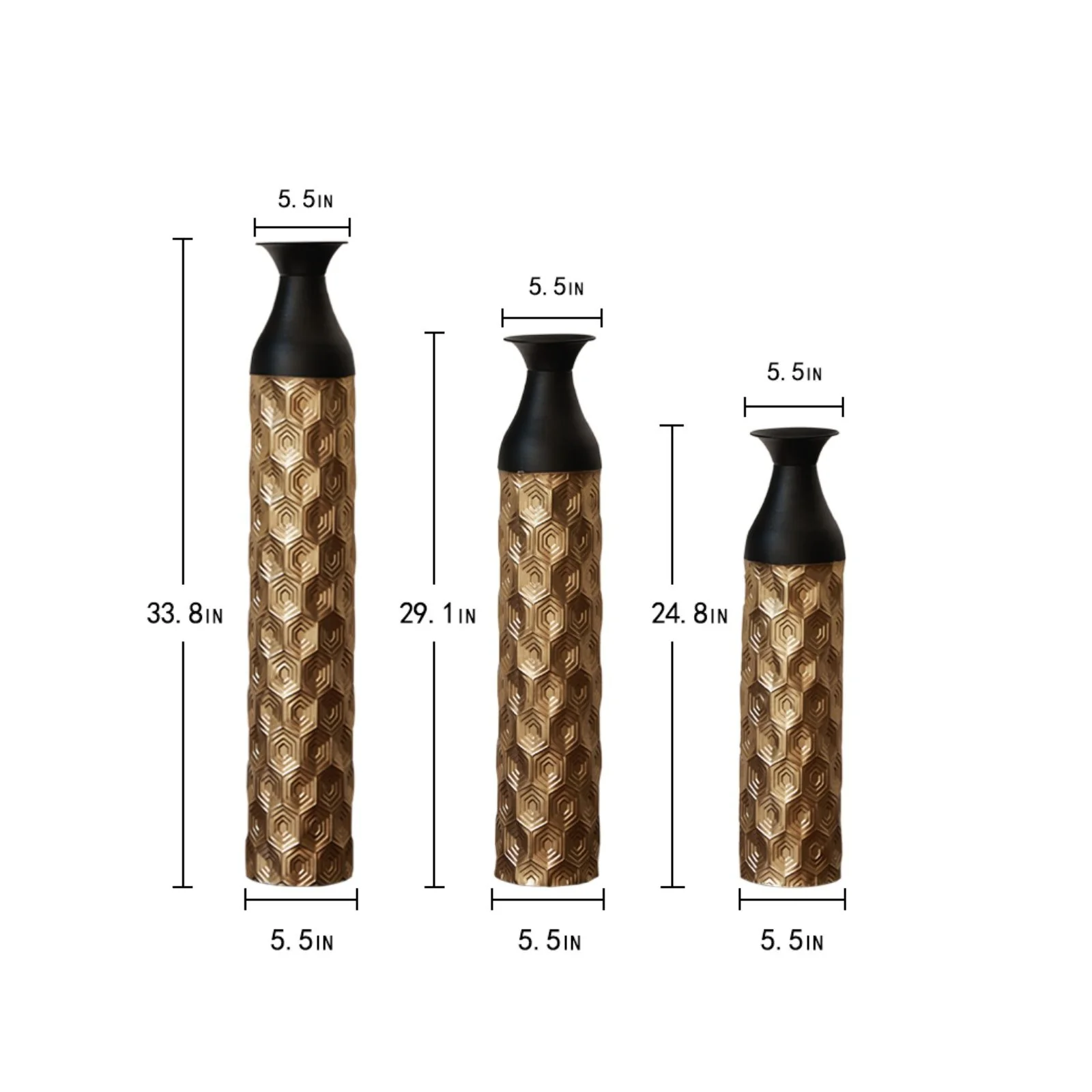 Floor Metal Vases (Set of 3) Gorgeous Home Decoration Large Glazed Metal Vases - Black / Gold - Image 2