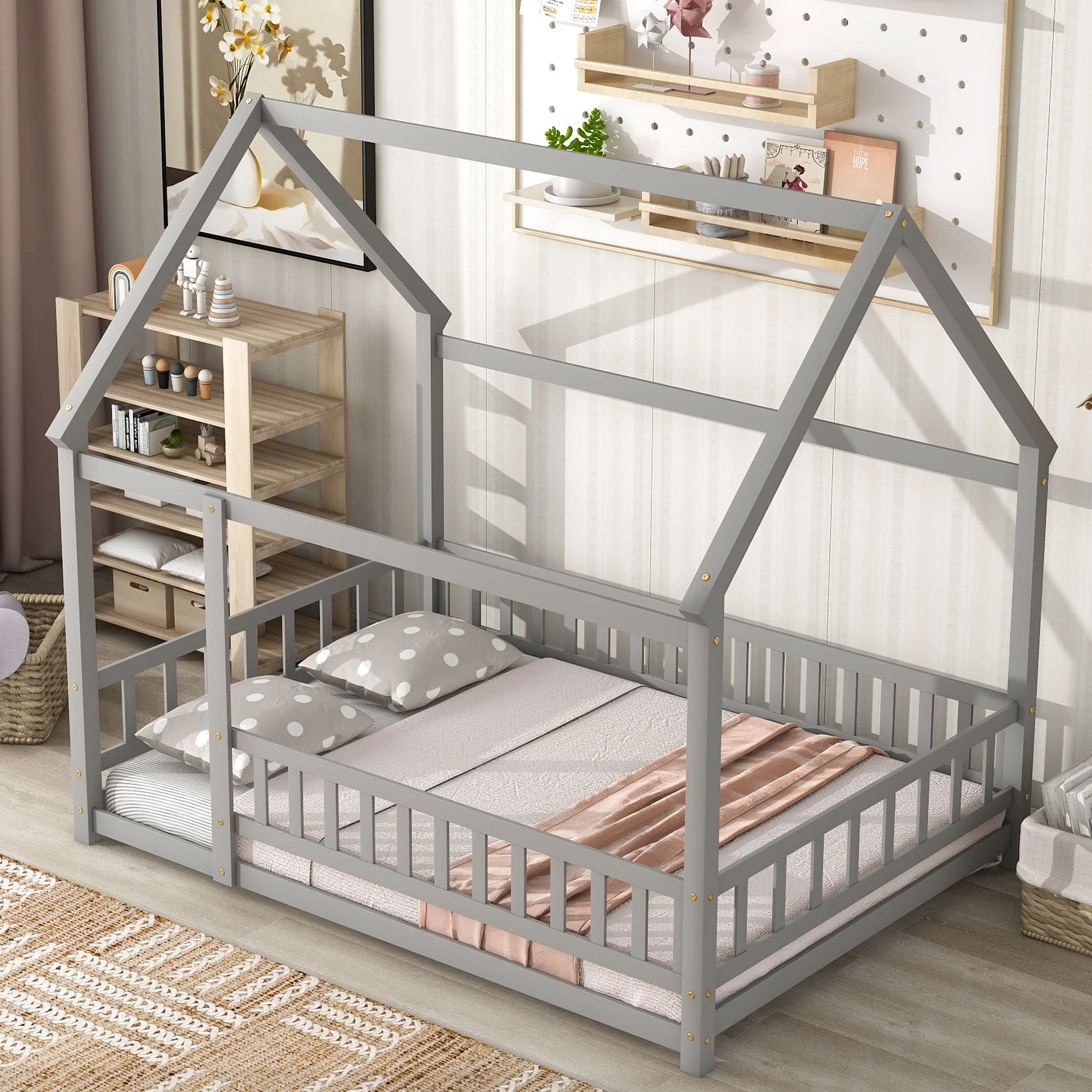 Floor Wooden Bed With House Roof Frame, Fence Guardrails - Image 7
