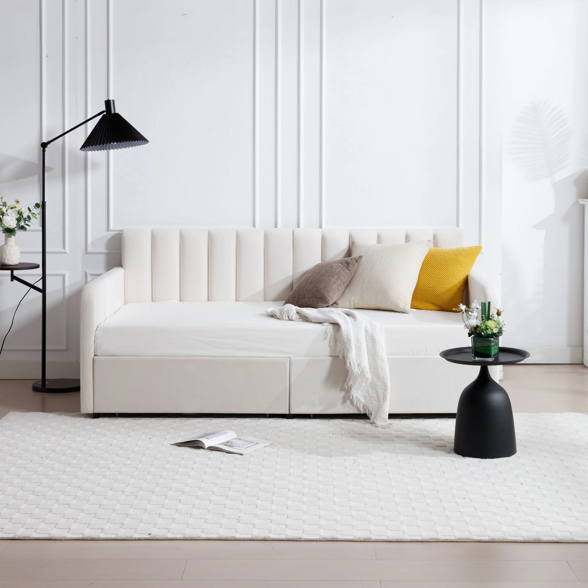 Flora - Upholstered Daybed With 2 Drawers Ribbed Tufted Backrest in Lavish Modern Design - Image 9