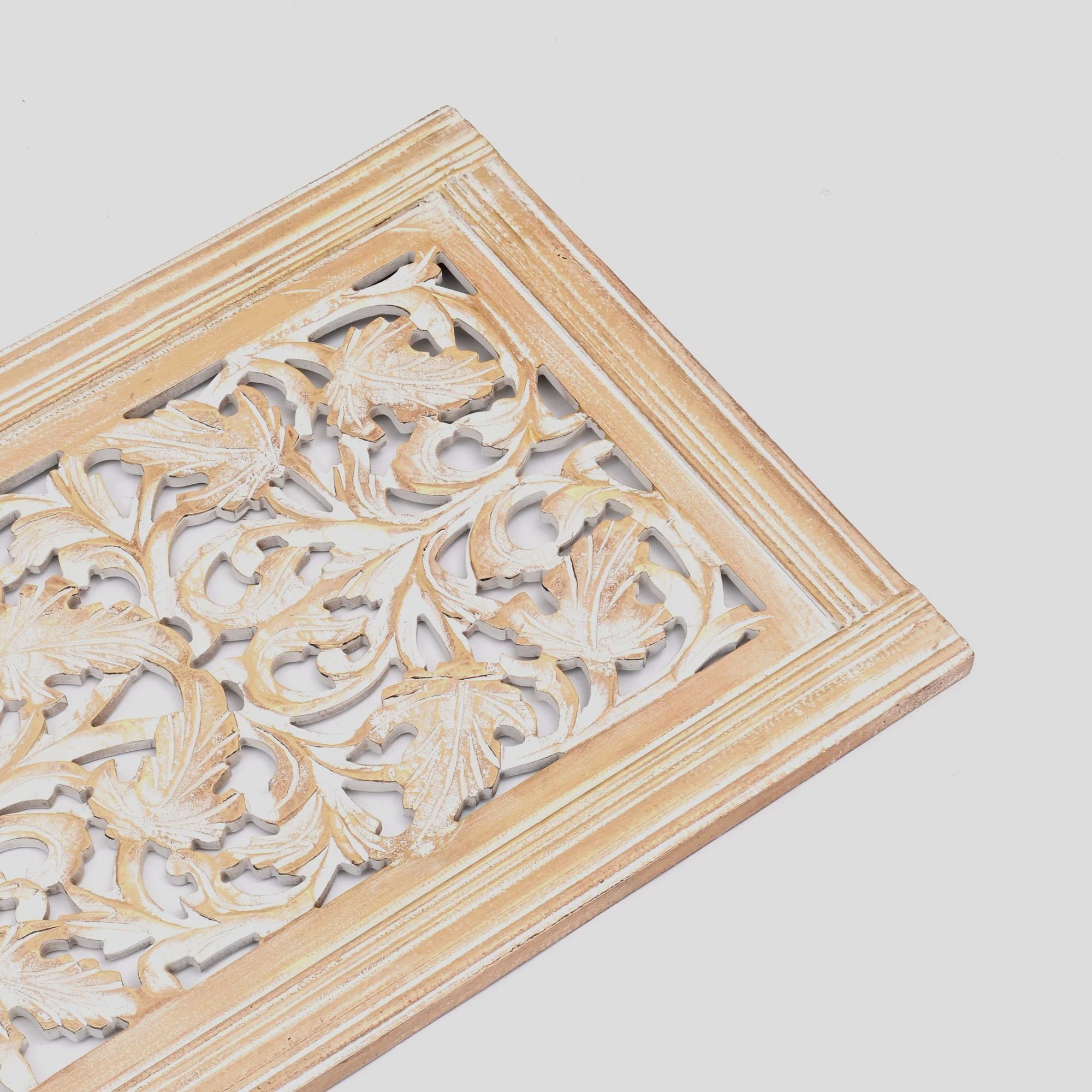 Floral Hand Carved Mandala Rectangular Wall Decor Accent - Gold / White - Image 4