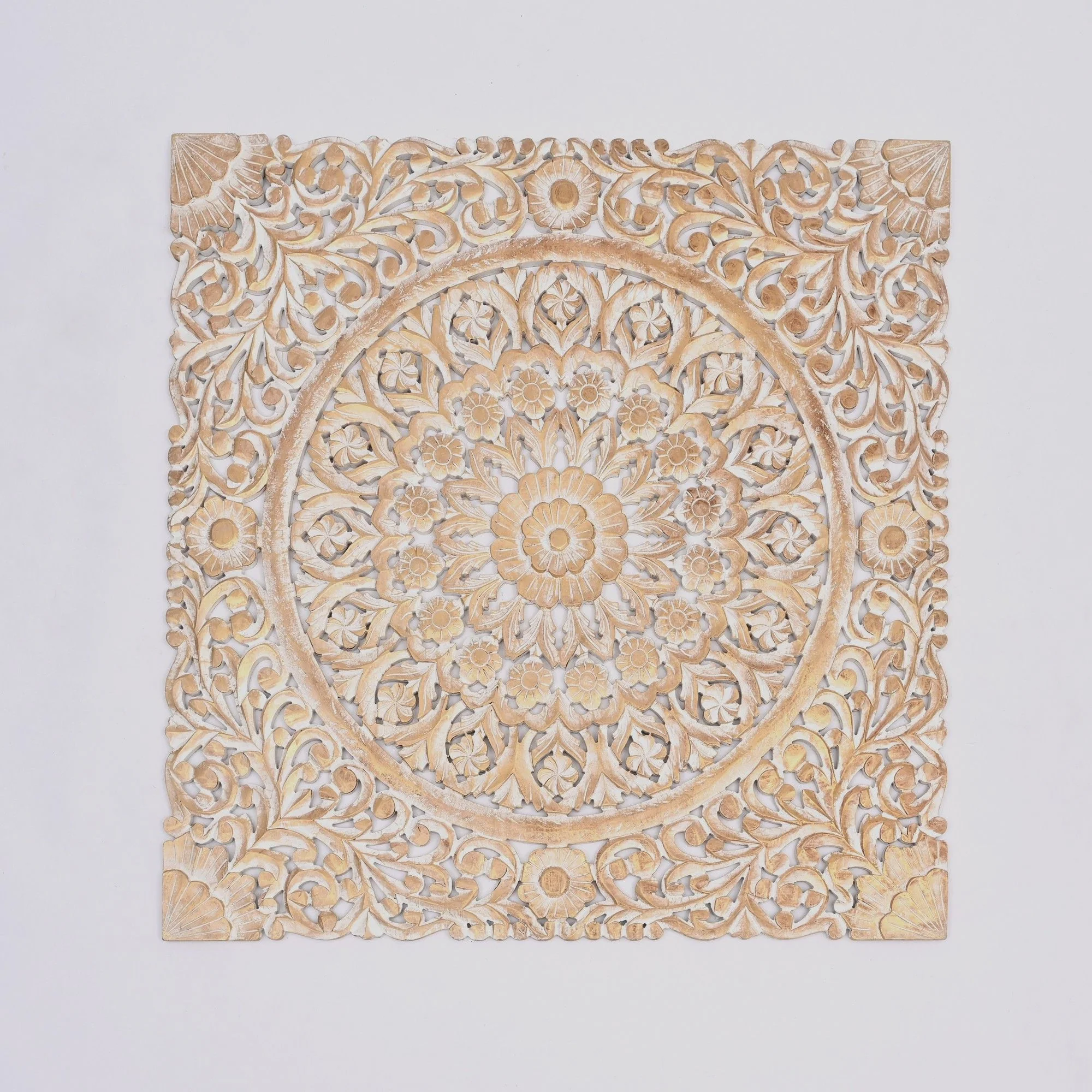 Floral Hand Carved Mandala Square Wall Decor With Spiritual Symbolism - Gold / White - Image 6