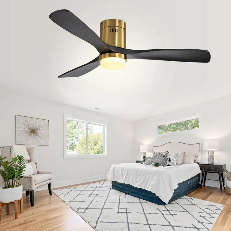 Flush Mount Ceiling Fan With 3 Solid Wood Blades Remote Control Reversible DC Motor For Living Room - Gold - Image 4