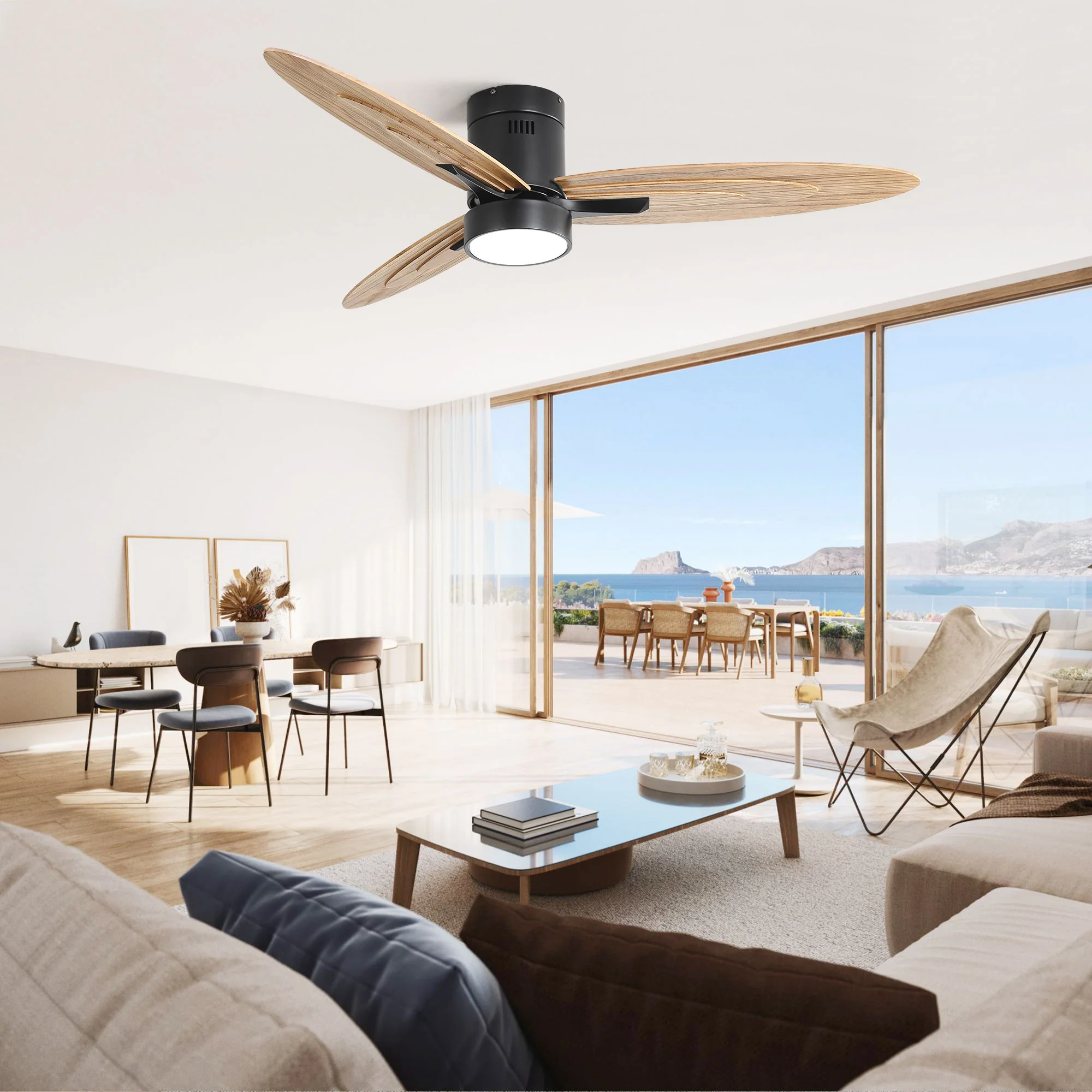 Flush Mount Ceiling Fan With Light And Remote Control, 3 Blades, Reversible DC Motor - Black - Image 6