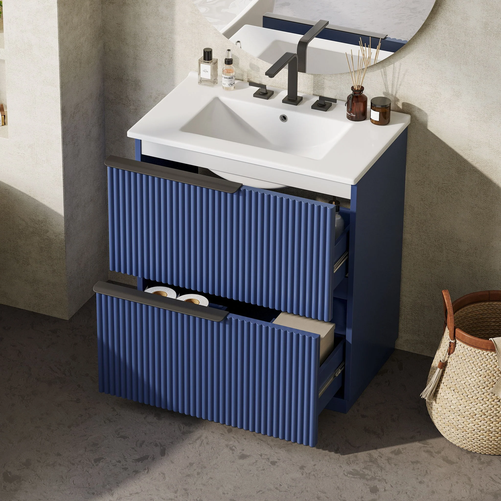 Fluted Bathroom Vanity With Ceramic Sink, Freestanding Cabinet - Image 20