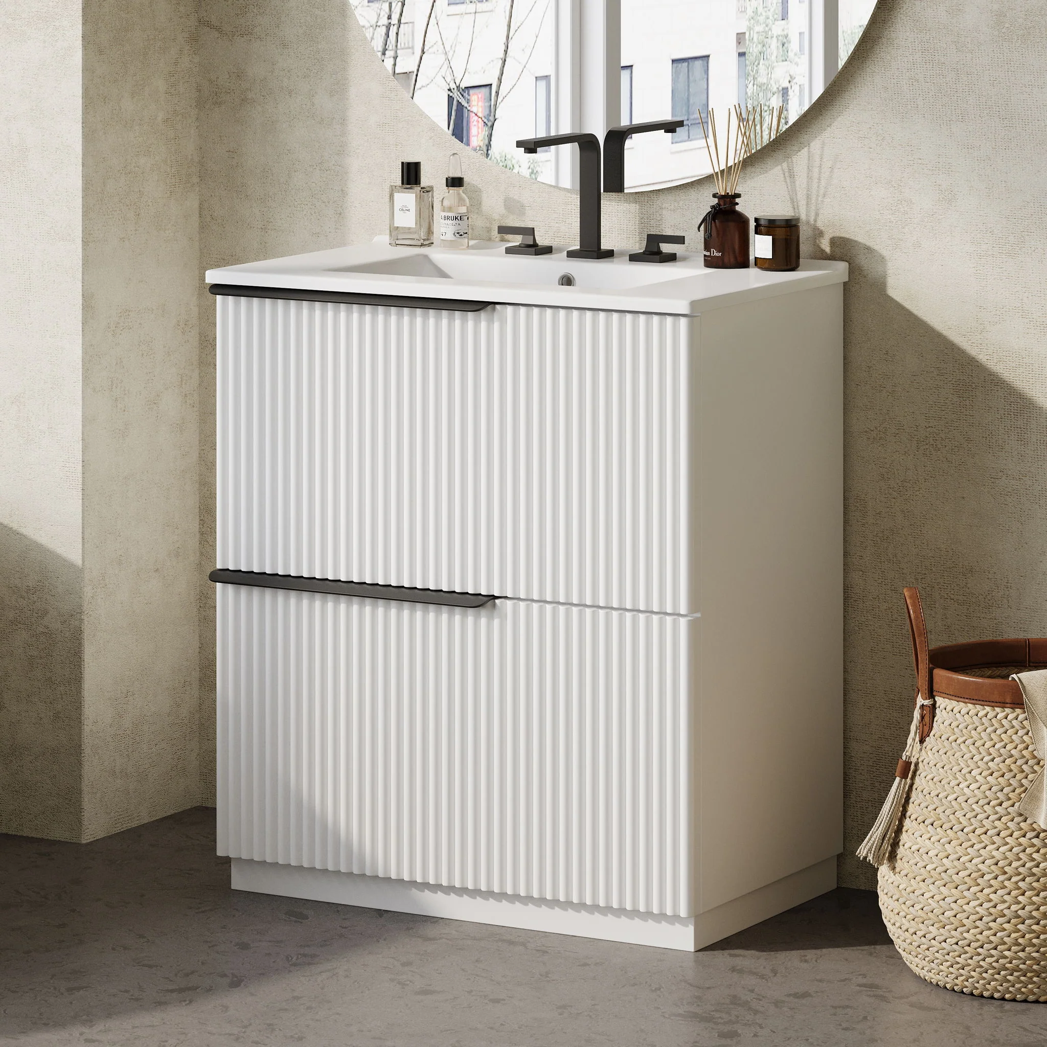 Fluted Bathroom Vanity With Ceramic Sink, Freestanding Cabinet - Image 7